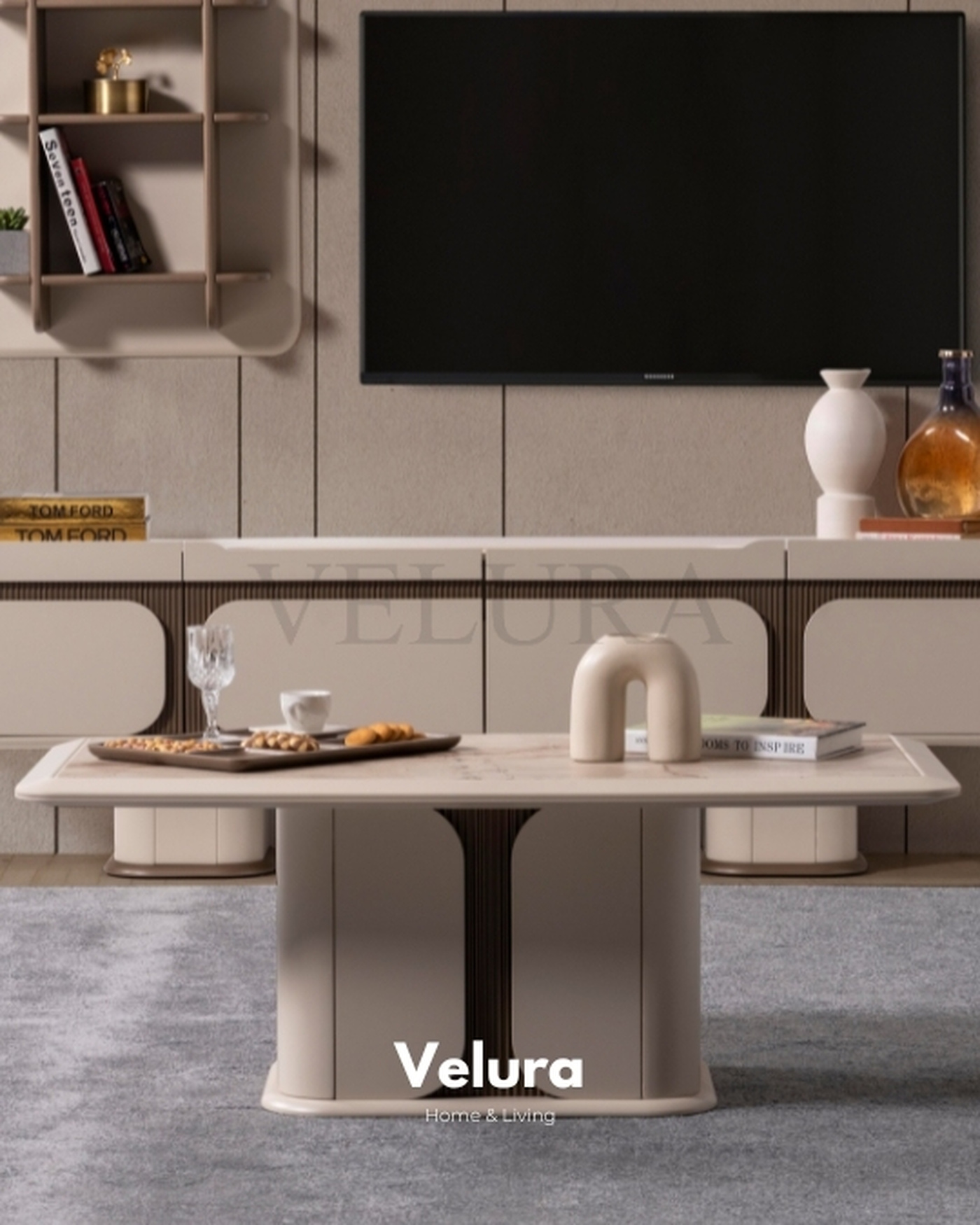 Yuvarlak Hatlı Ayaklı Orta Sehpa Petra Orta Sehpa Krem Renk Ceviz Detaylı