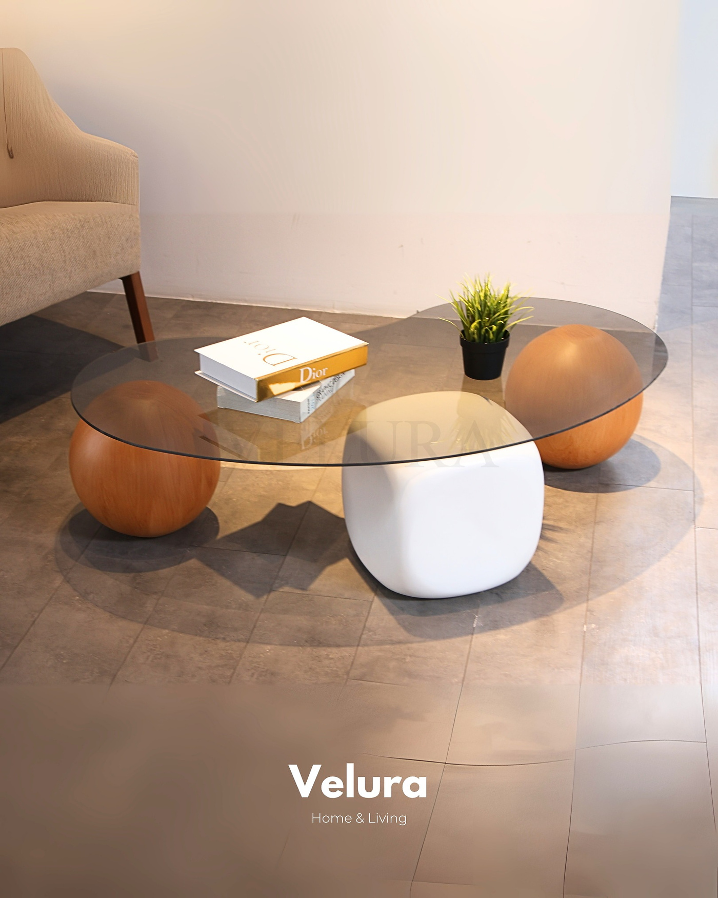 Velura Home Meşe ve Beyaz Detaylı Modern Orta Sehpa Meşe ve beyaz detaylı fasülye form füme cam orta sehpa