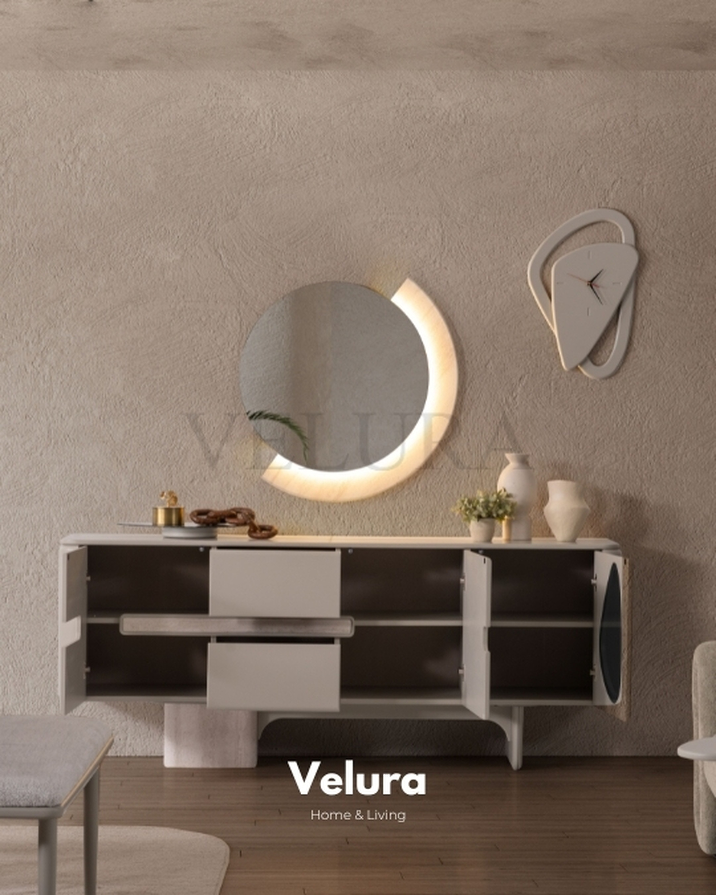 Enna Konsol - Modern Krem Tasarım Enna Konsol krem renk modern tasarım aydınlatmalı ayna