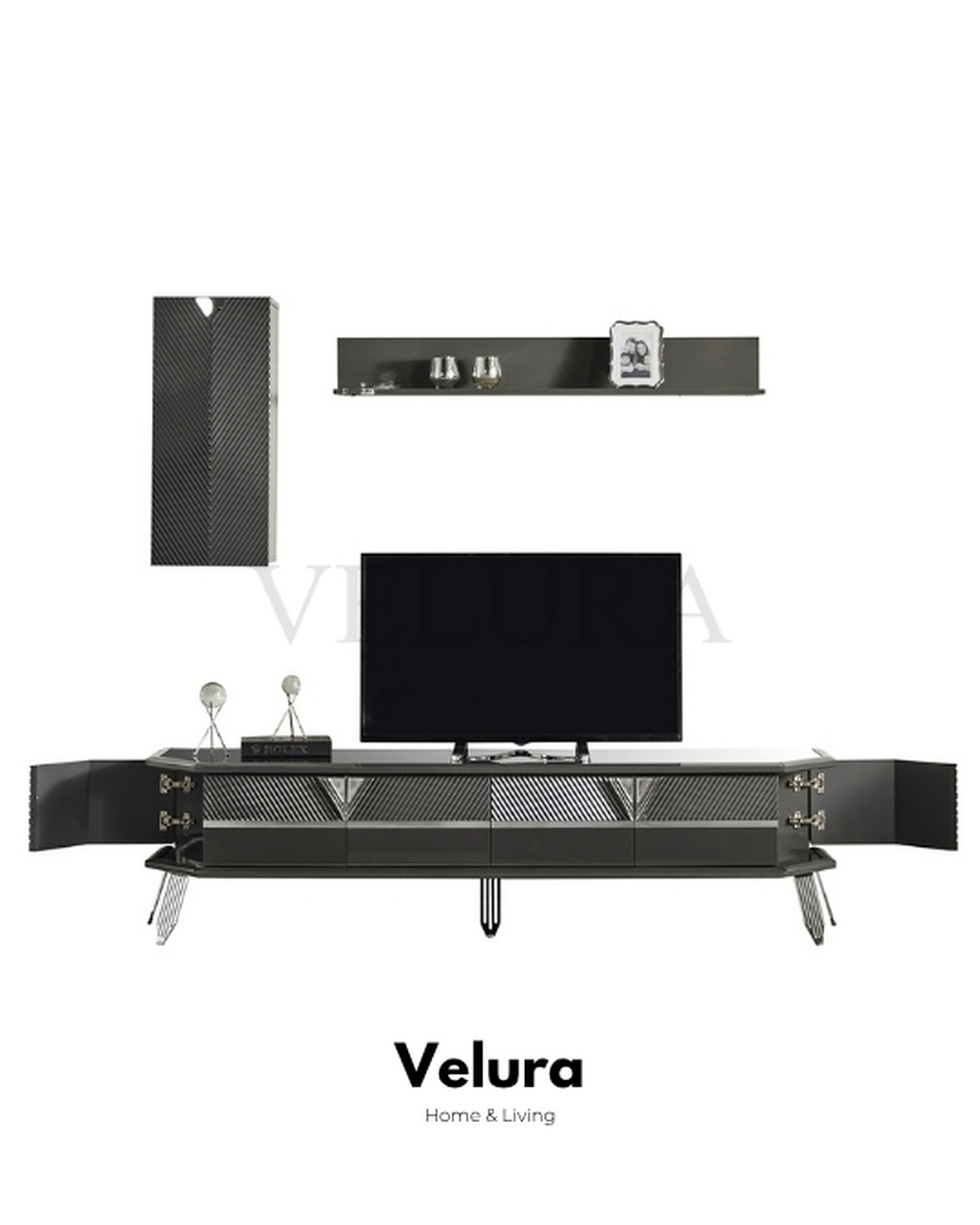 Velura Home Modern TV Ünitesi Modeli Velura Home gümüş detaylı TV ünitesi