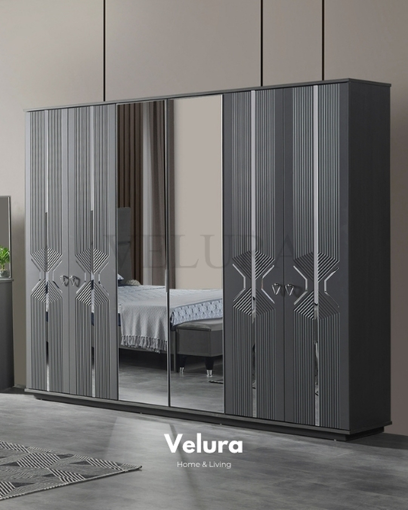 Velura Home Zümrüt Gardırop | Modern Tasarım Zümrüt 6 Kapaklı Gardırop Koyu Gri
