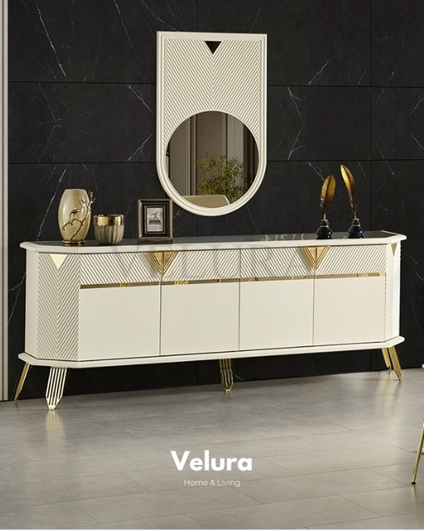 City Konsol Krem Renk Gold Detaylı