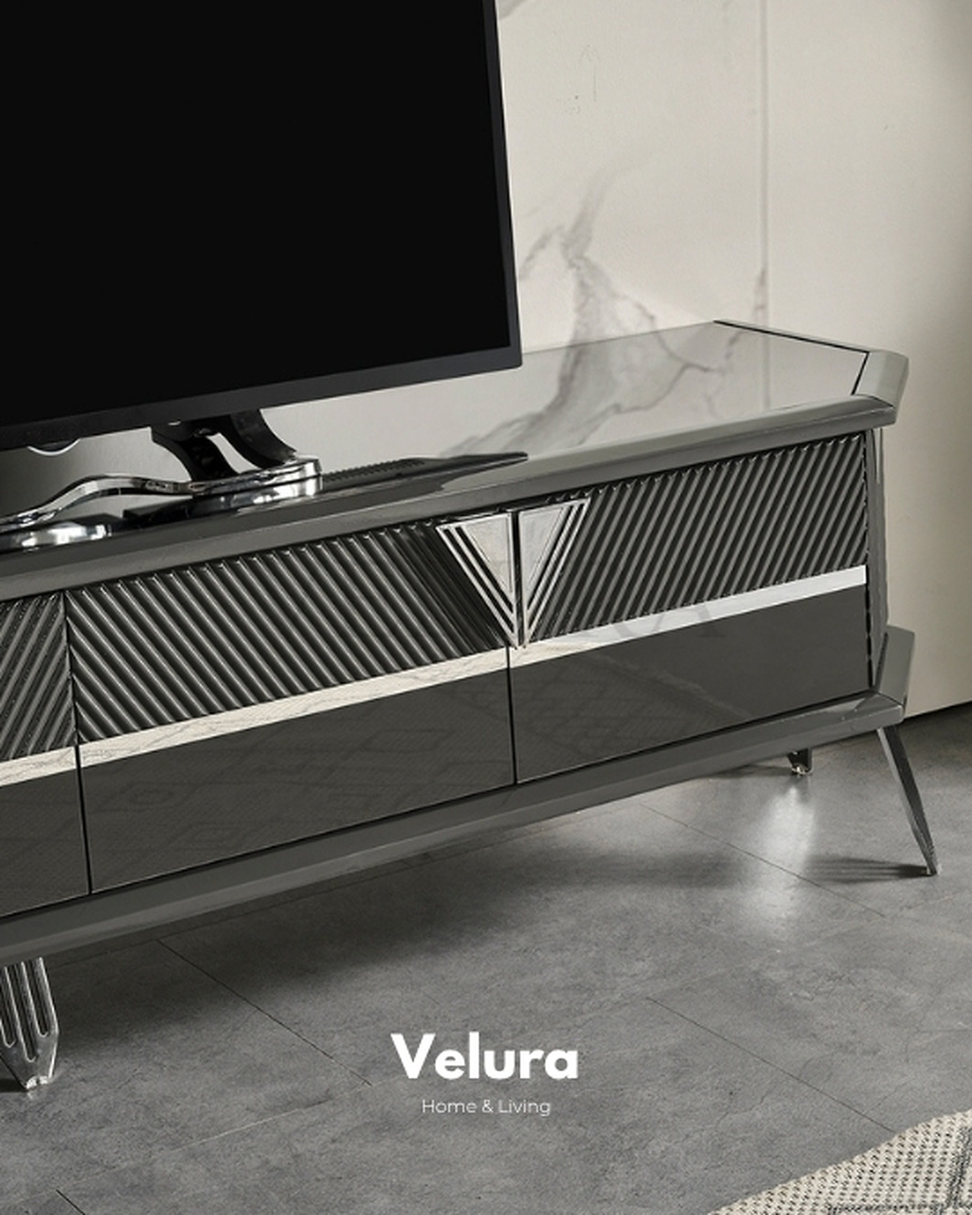 Velura Home Modern TV Ünitesi Modeli Velura Home gümüş detaylı TV ünitesi