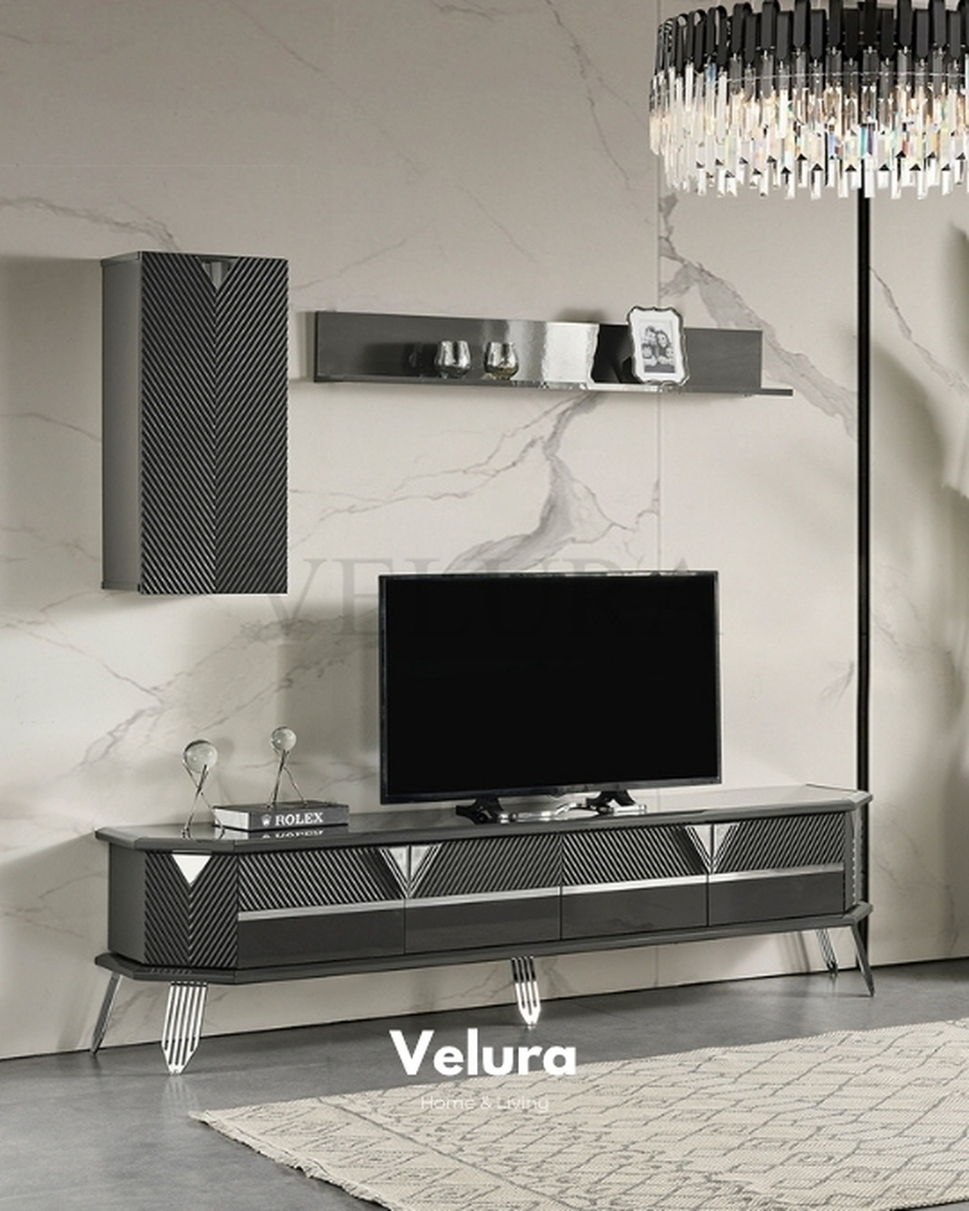 Velura Home Modern TV Ünitesi Modeli Velura Home gümüş detaylı TV ünitesi