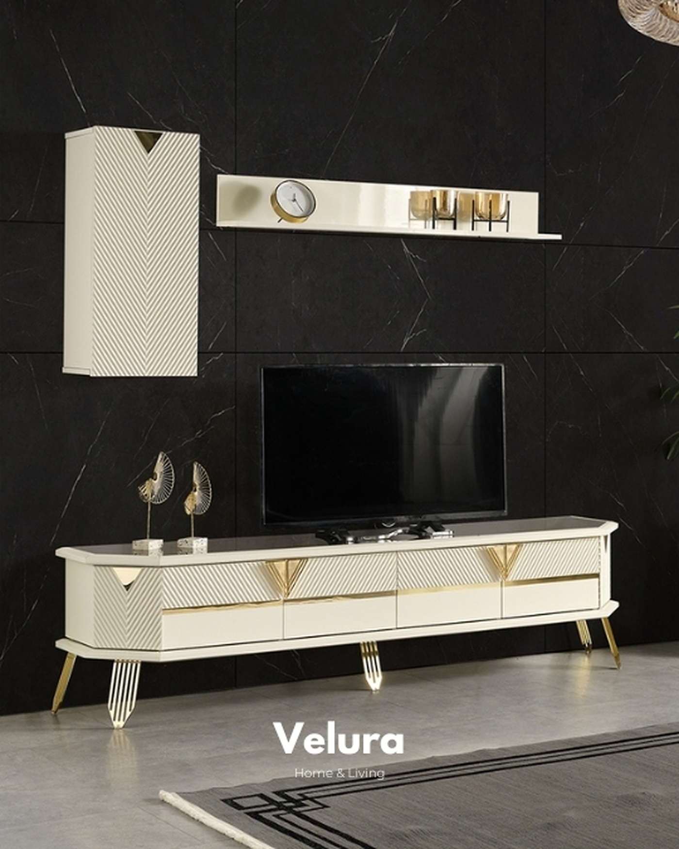 Şık Tasarım Kapaklı TV Ünitesi City TV Ünitesi Krem Renk Gold Detaylı