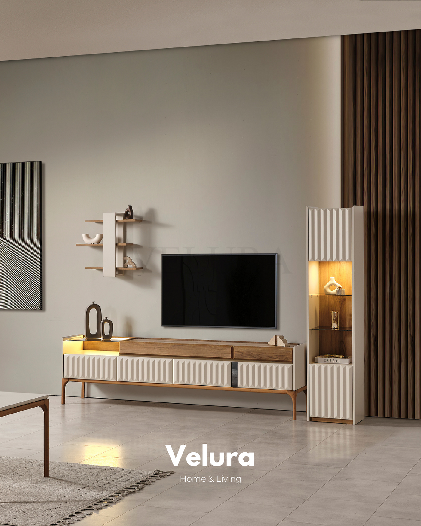 Alfa tv ünitesi krem modern 212 cm genişlik 2 çekmeceli 4 kapaklı