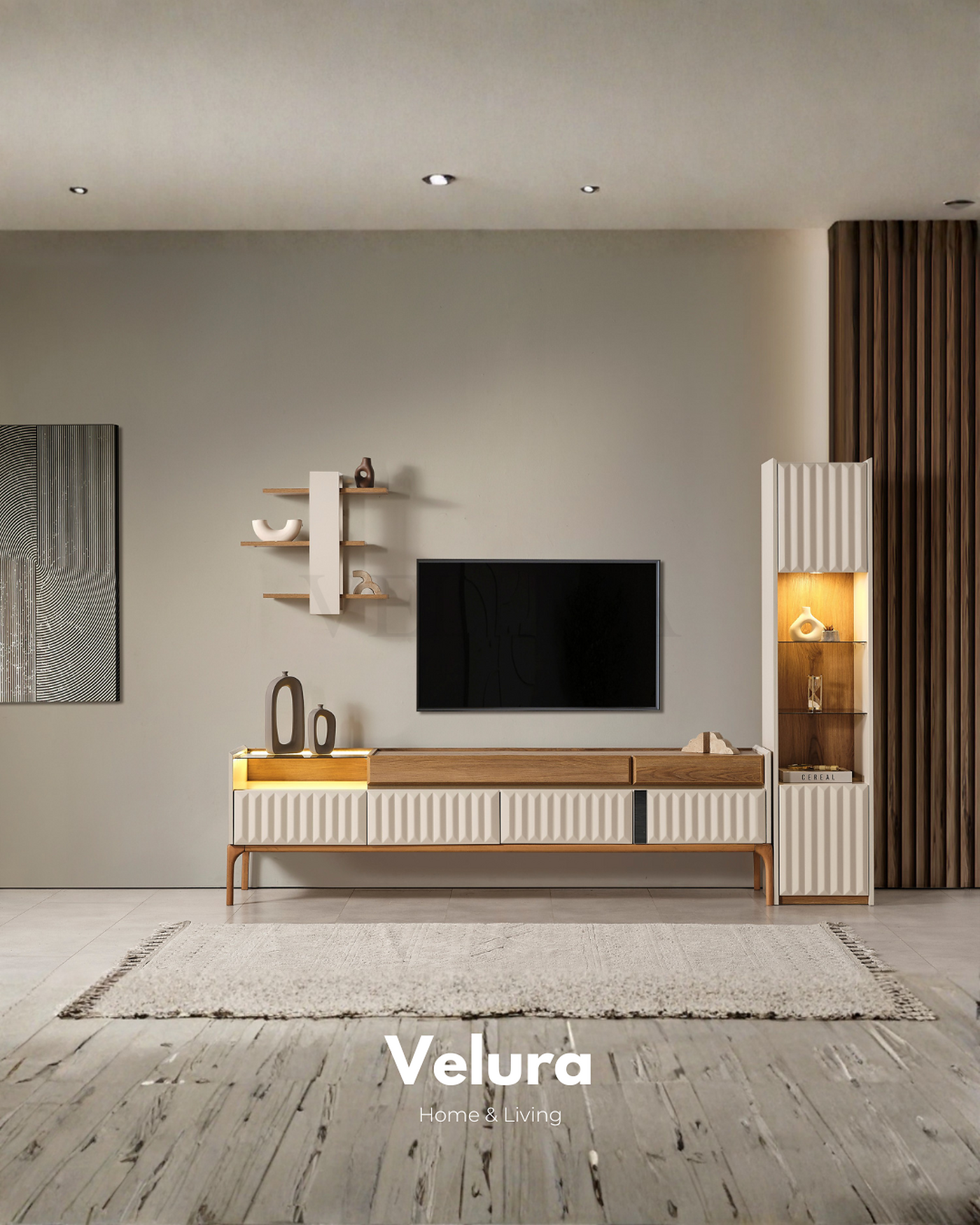 Alfa tv ünitesi krem modern 212 cm genişlik 2 çekmeceli 4 kapaklı