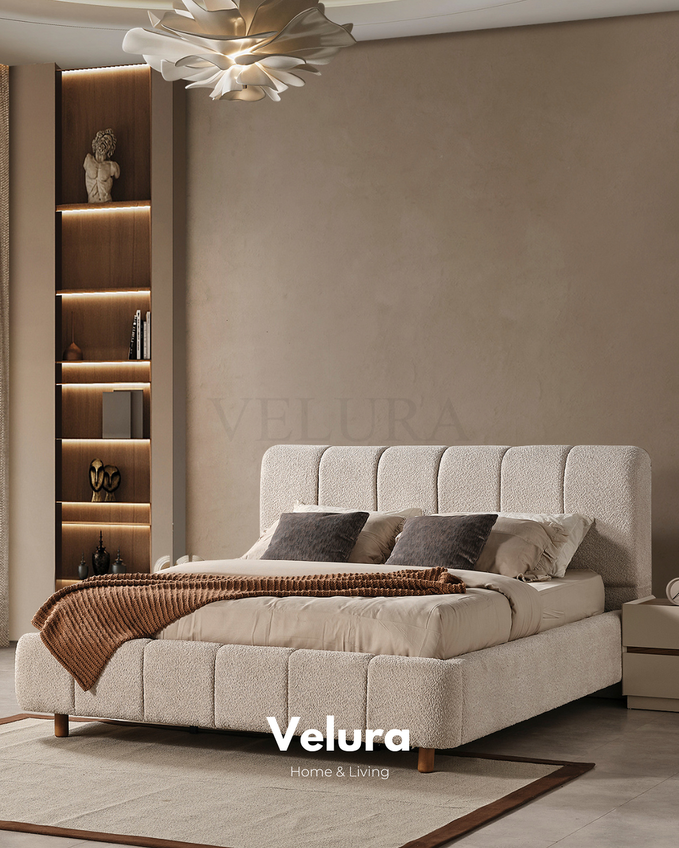 Aura karyola krem modern dokuma kumaş 181 cm genişlik 215 cm derinlik