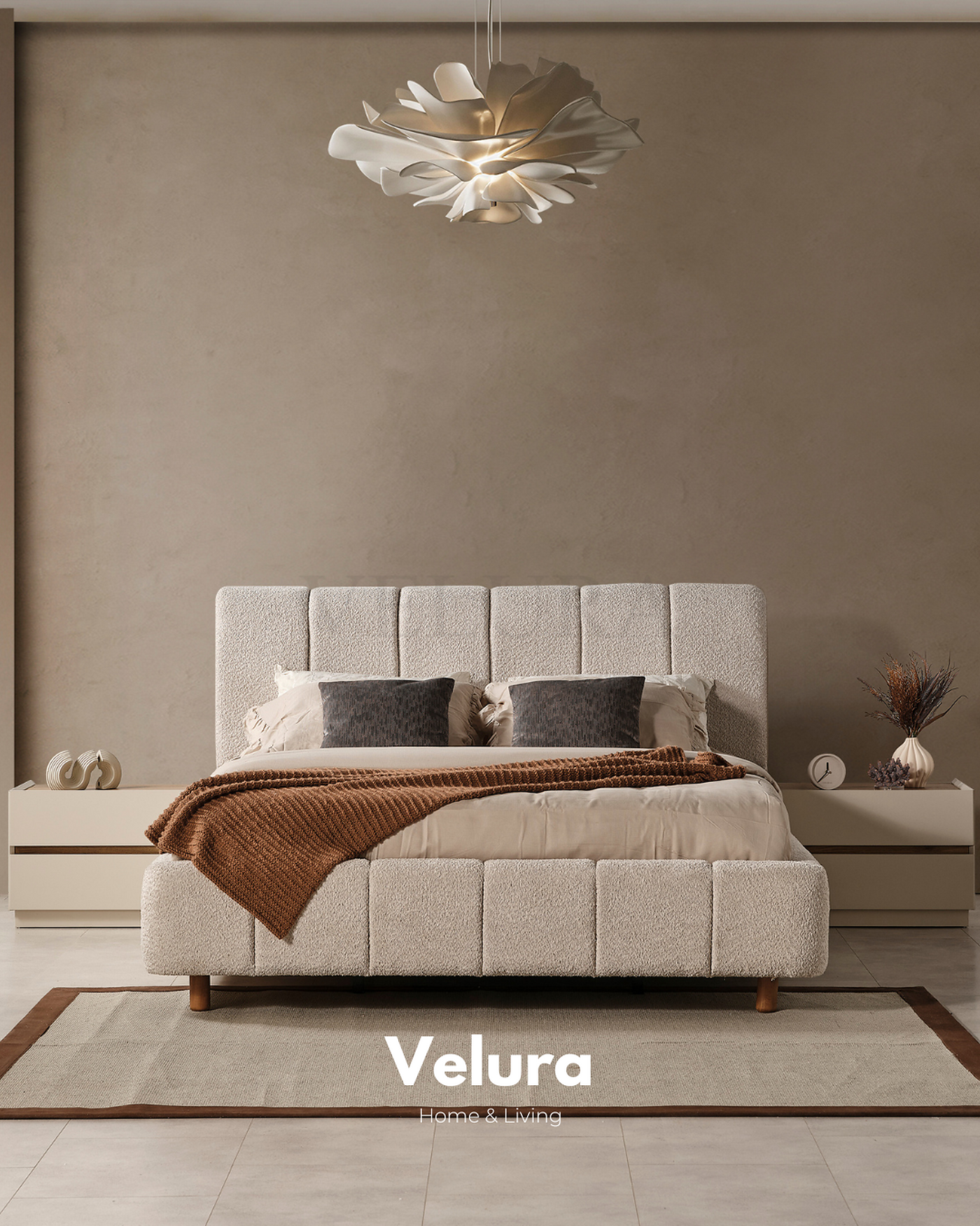 Aura karyola krem modern dokuma kumaş 181 cm genişlik 215 cm derinlik