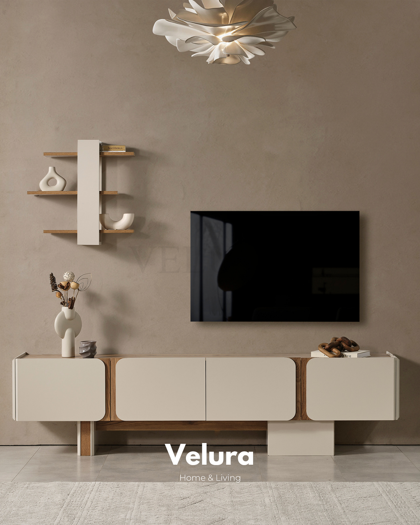 Aura tv ünitesi modeli krem renk modern tv duvarı dekorasyonu