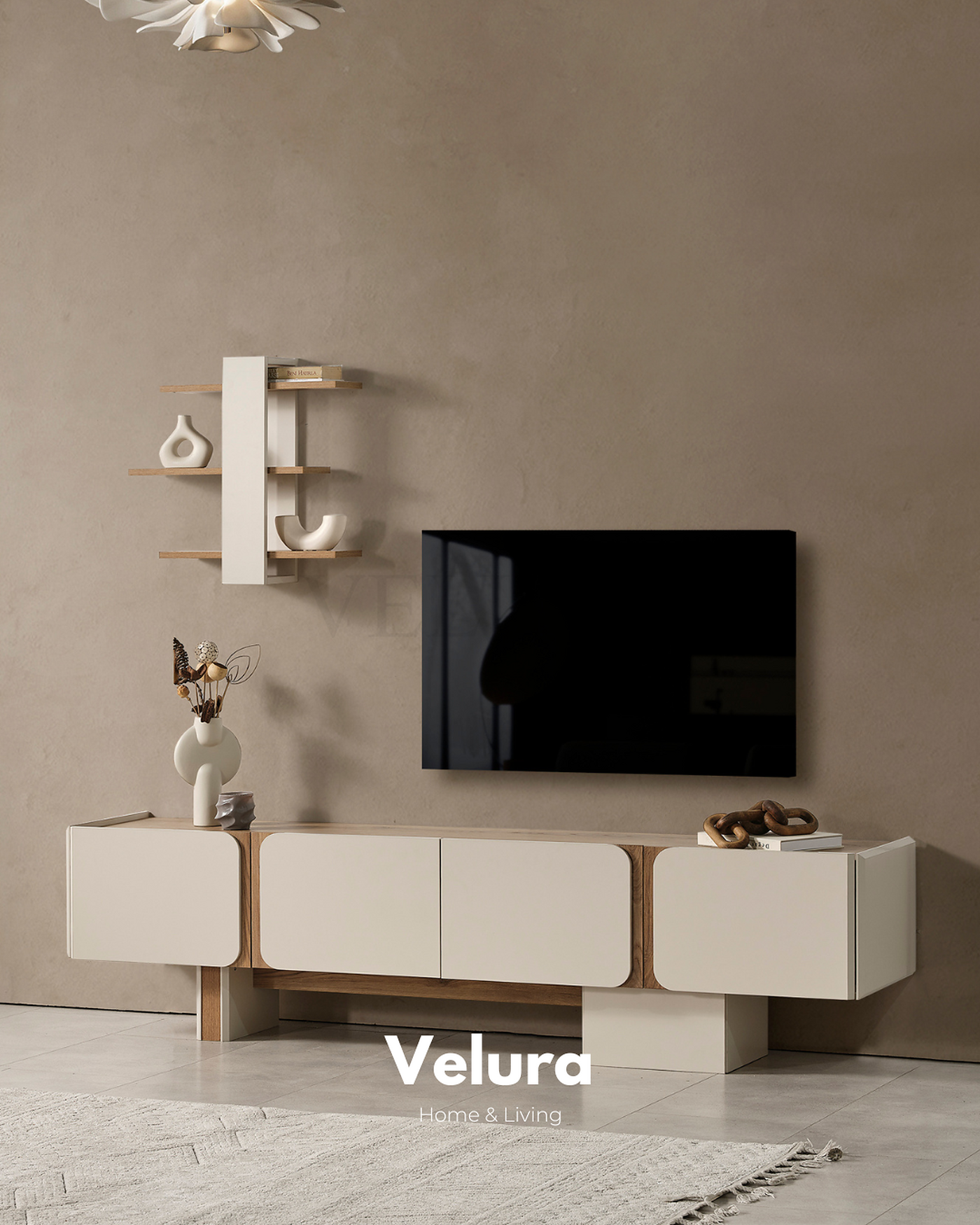 Aura tv ünitesi modeli krem renk modern tv duvarı dekorasyonu
