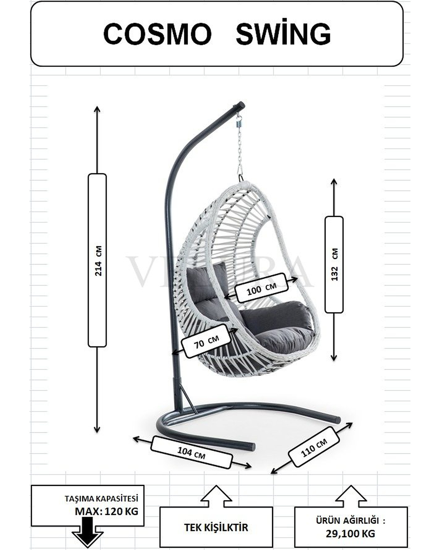 Cosmo Bahçe Salıncağı - Beyaz Rattan Gri Minder Metal İskeletli Bahçe Salıncağı