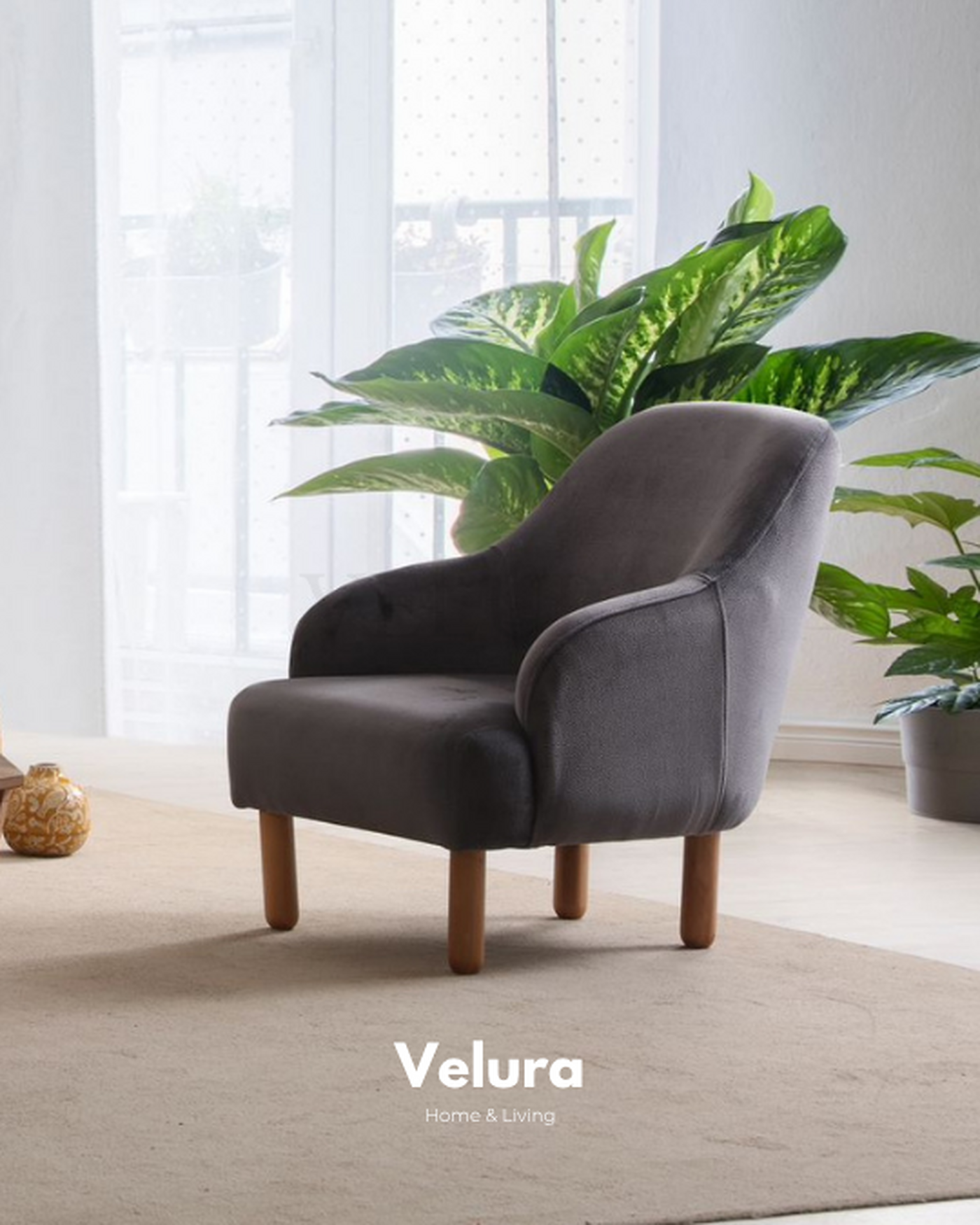 Ahşap Detaylı Modern Berjer Chery Berjer Antrasit Renk