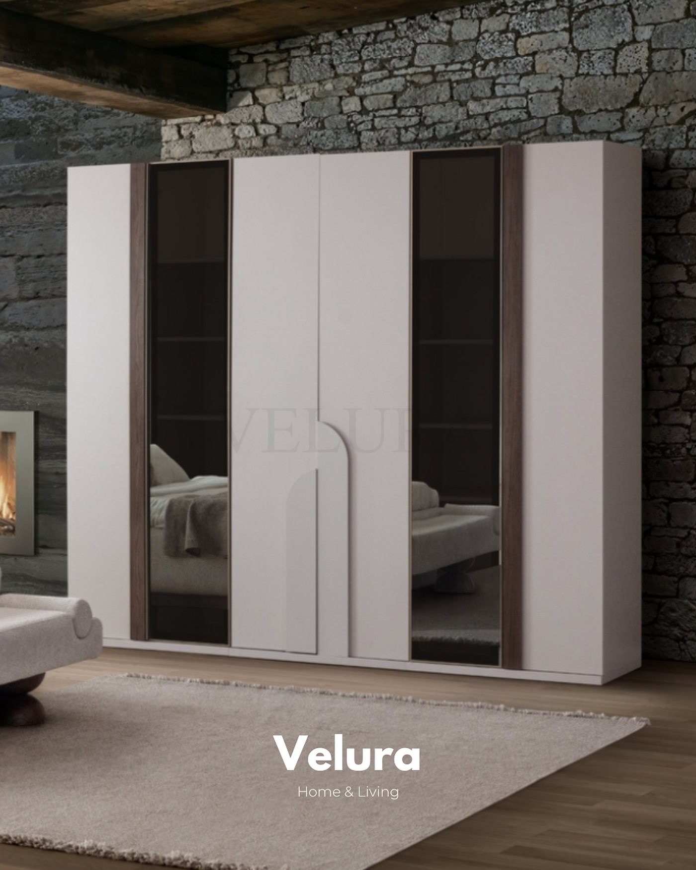 Estella beyaz 6 kapılı gardırop 3 modüllü 2 reflektif 1 ahşap modül