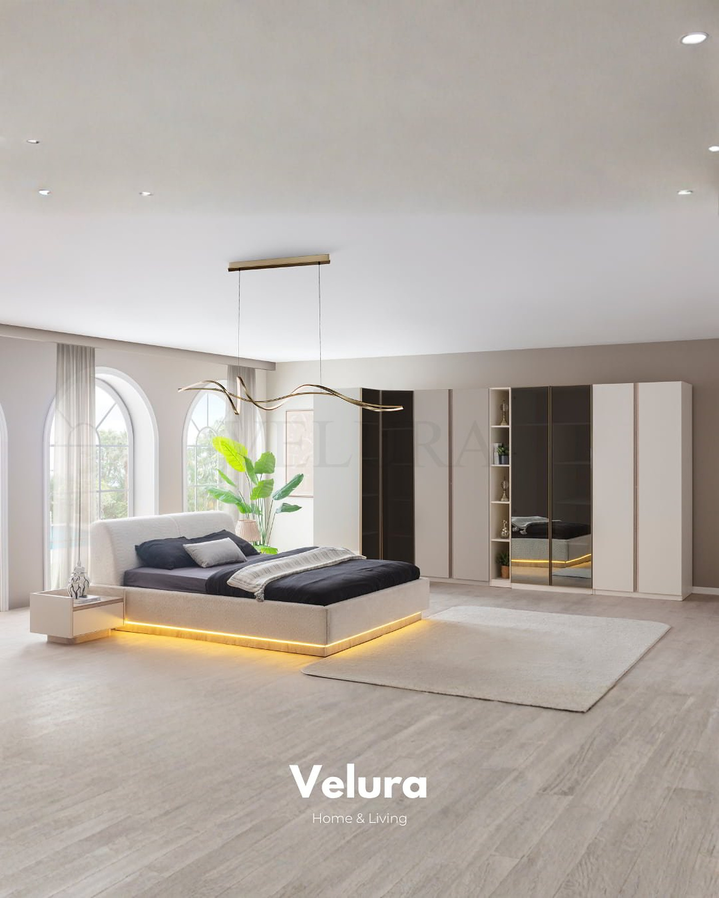 Flora Yatak Odası Takımı – Beyaz gövde ve traverten kaplama detaylı set