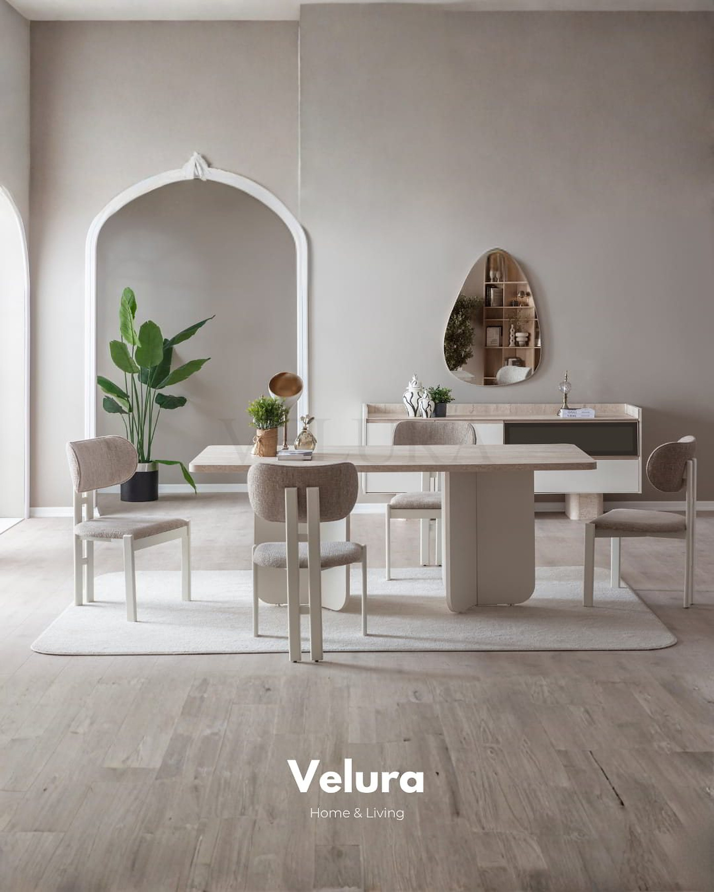 Flora Yemek Odası Takımı – Beyaz & traverten masalı, konsollu ve aynalı modern takım