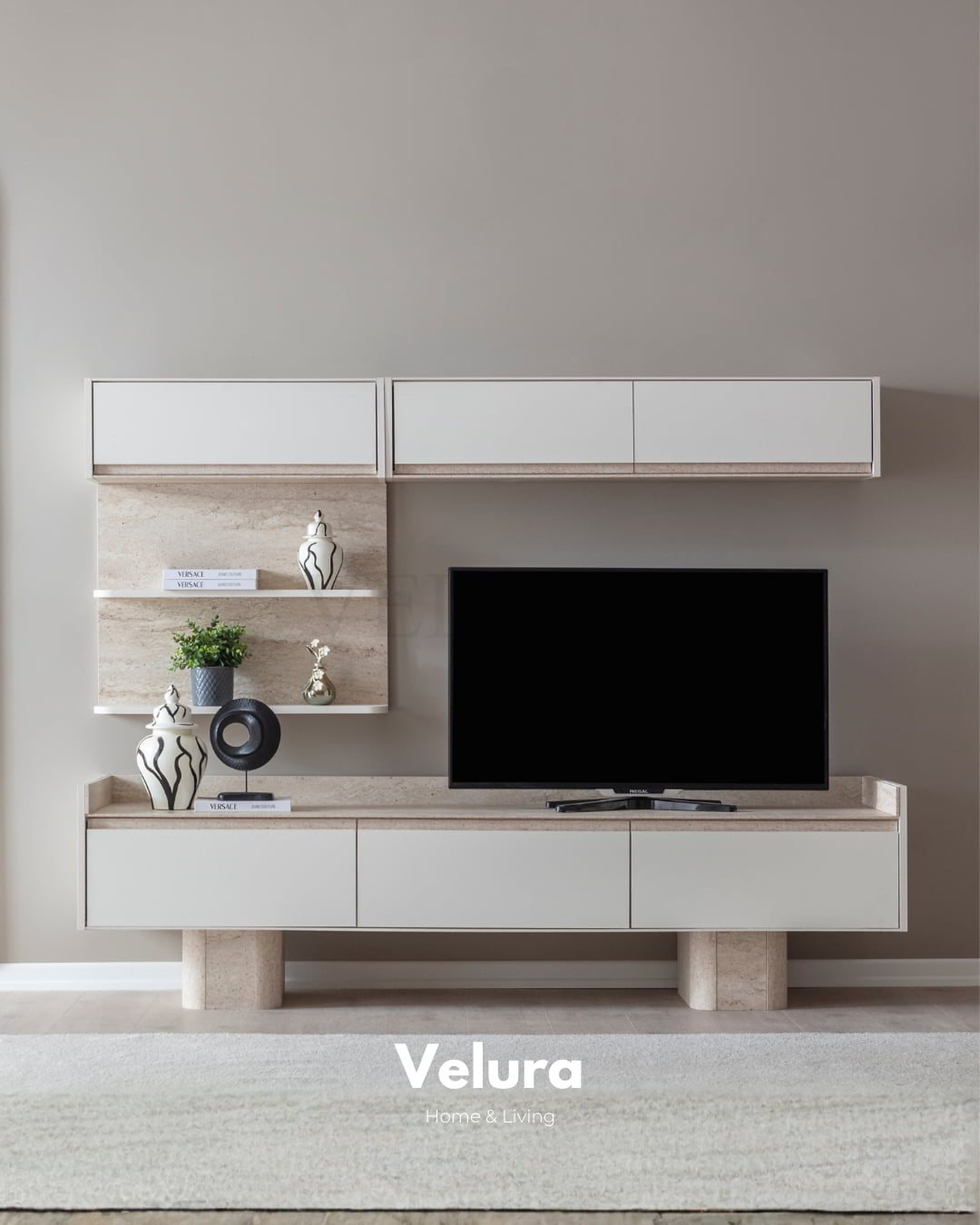 Beyaz ve traverten detaylı Flora TV Ünitesi alt–üst panel ön görünüm