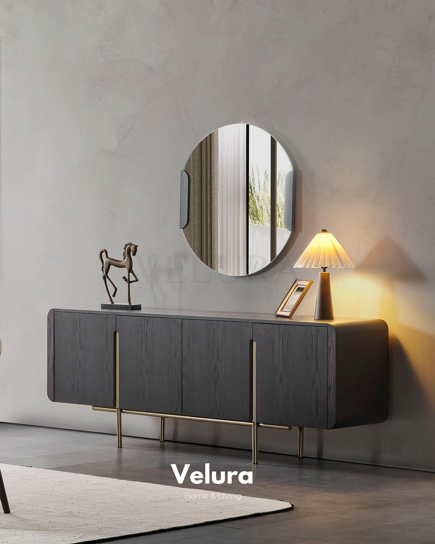 Genova Dark Konsol karaağaç desenli yuvarlak aynalı modern konsol modeli