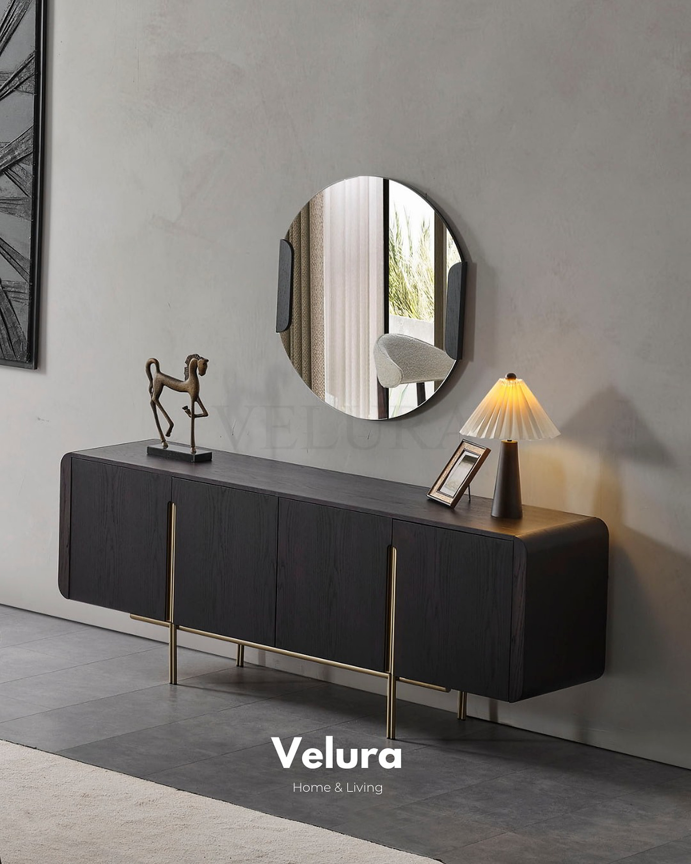 Genova Dark Konsol karaağaç desenli yuvarlak aynalı modern konsol modeli