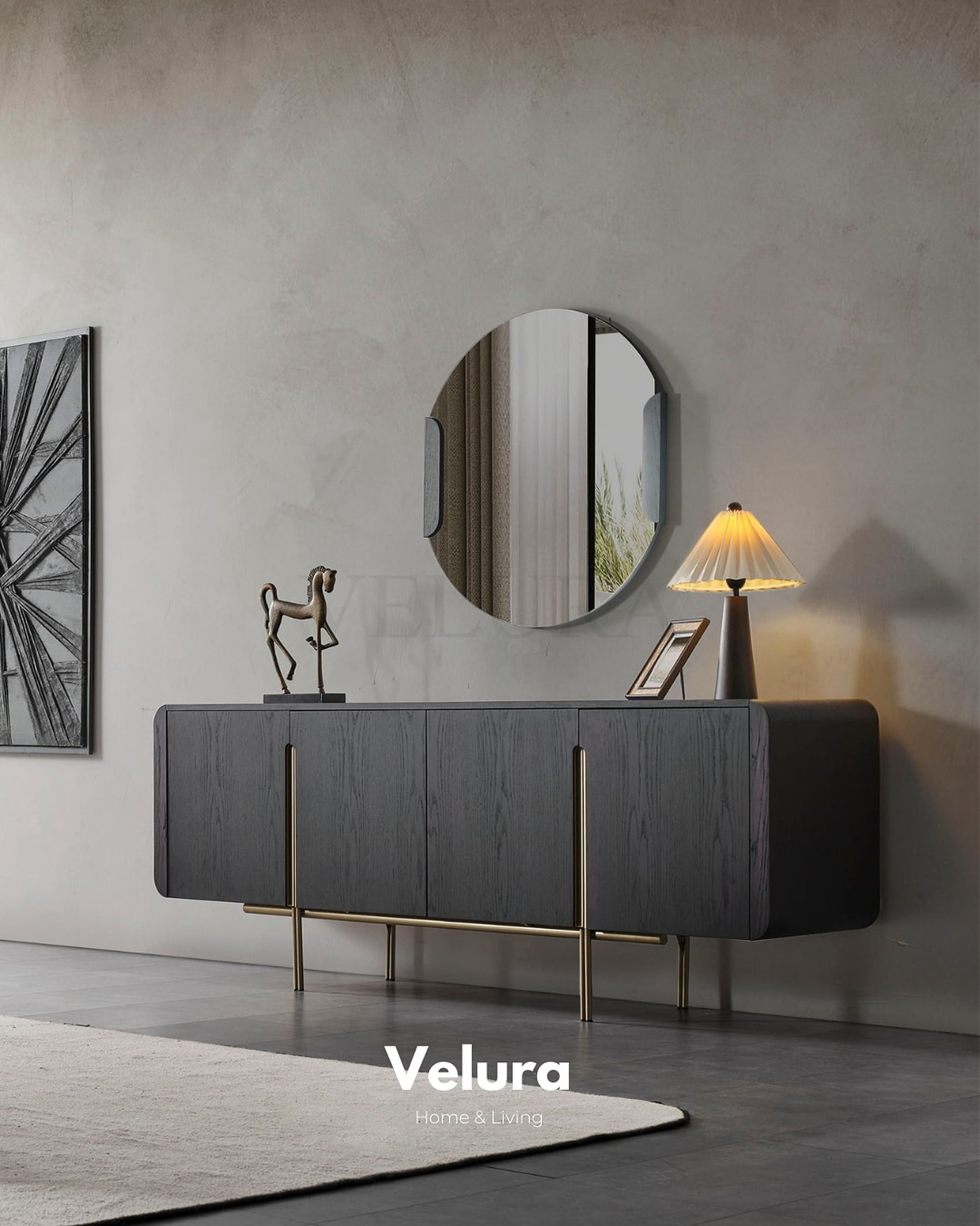 Genova Dark Konsol karaağaç desenli yuvarlak aynalı modern konsol modeli