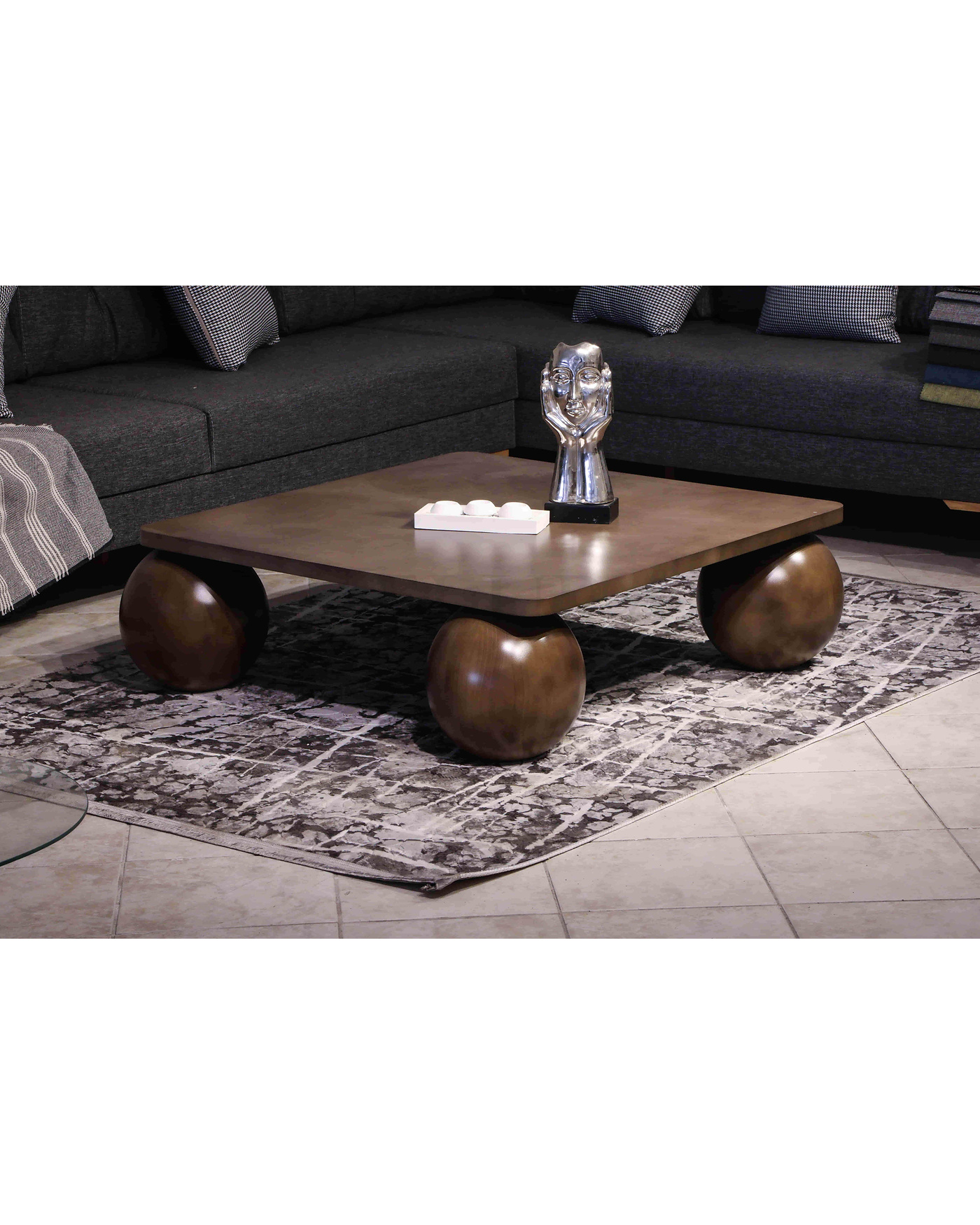 Küre Orta Sehpa - Amerikan Ceviz Top - Kare - Ceviz MDF Amerikan Ceviz Küre Ayaklı Kare MDF Orta Sehpa