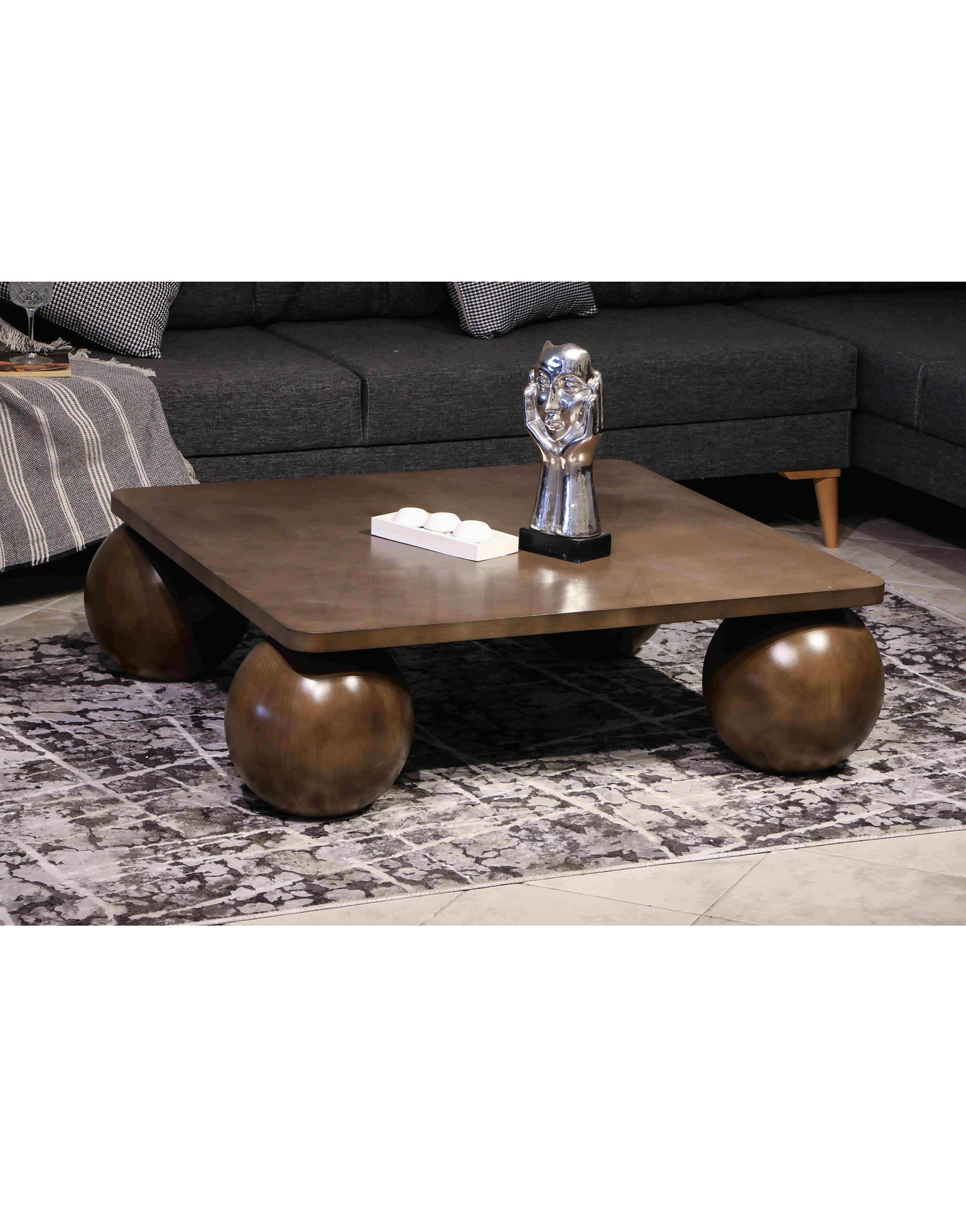 Küre Orta Sehpa - Amerikan Ceviz Top - Kare - Ceviz MDF Amerikan Ceviz Küre Ayaklı Kare MDF Orta Sehpa