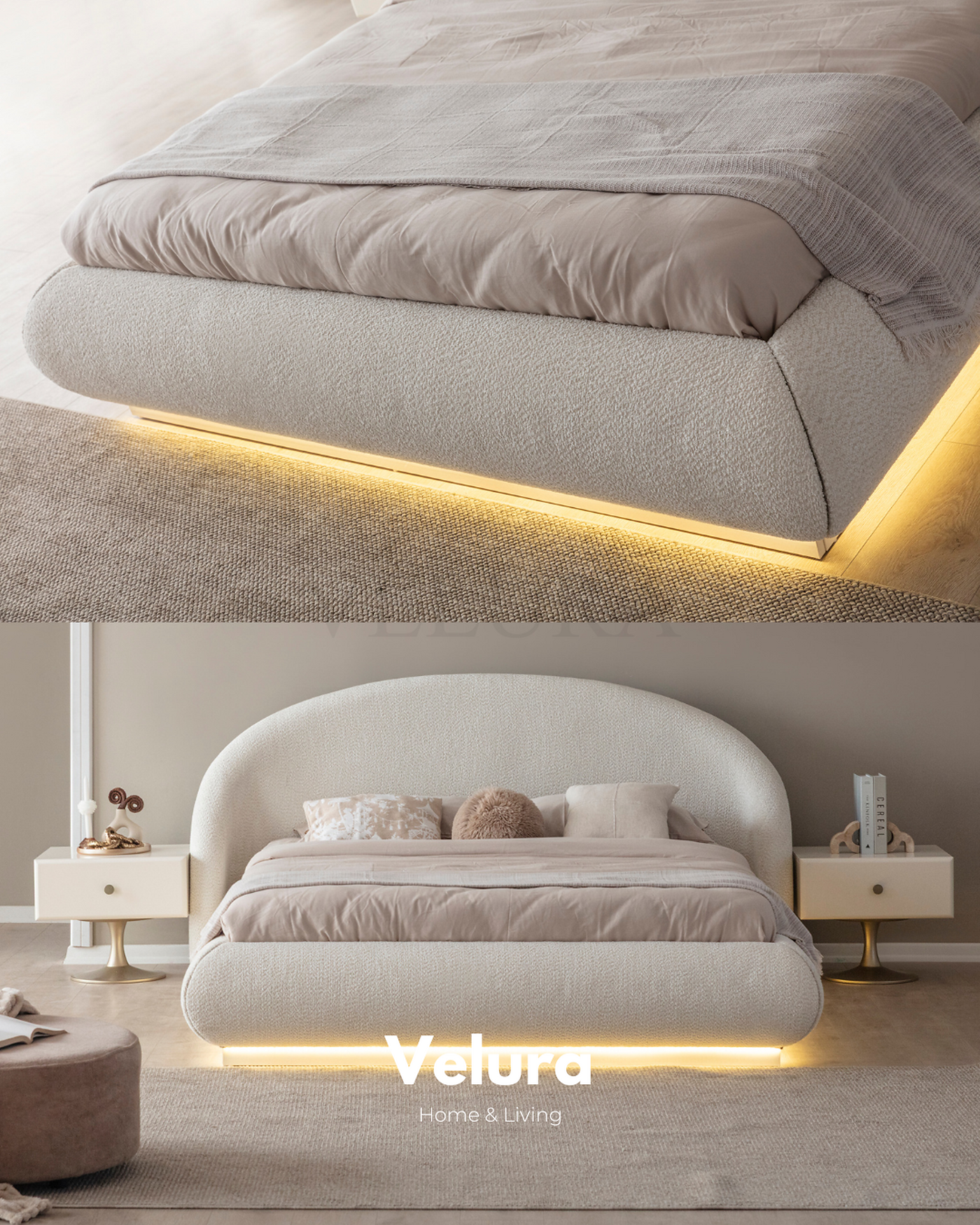 Velura Home Marcel karyola krem modern aydınlatmalı karyola modeli