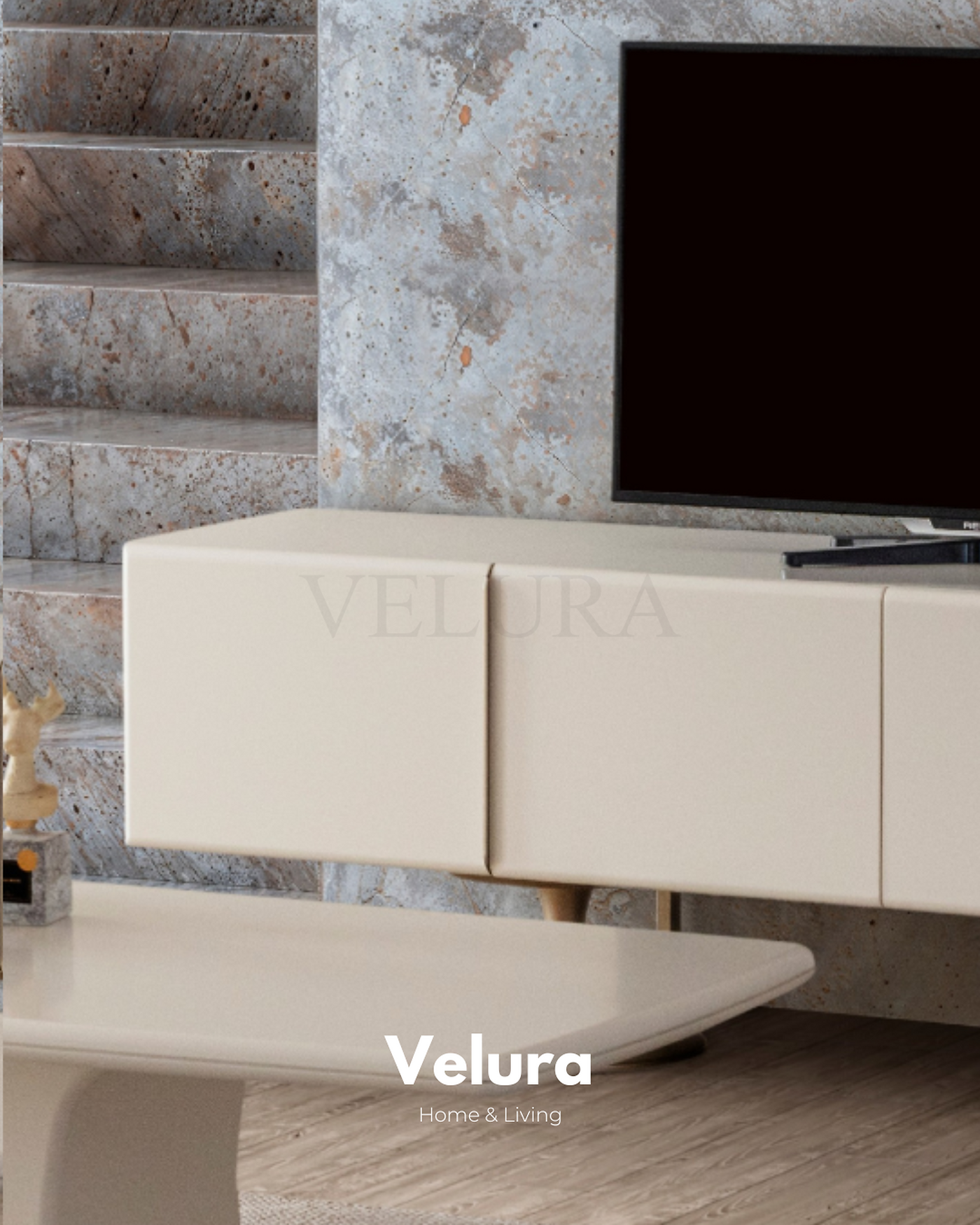 Marcel TV Ünitesi krem modern 200 cm 4 kapaklı suntalam gövde MDF kapak