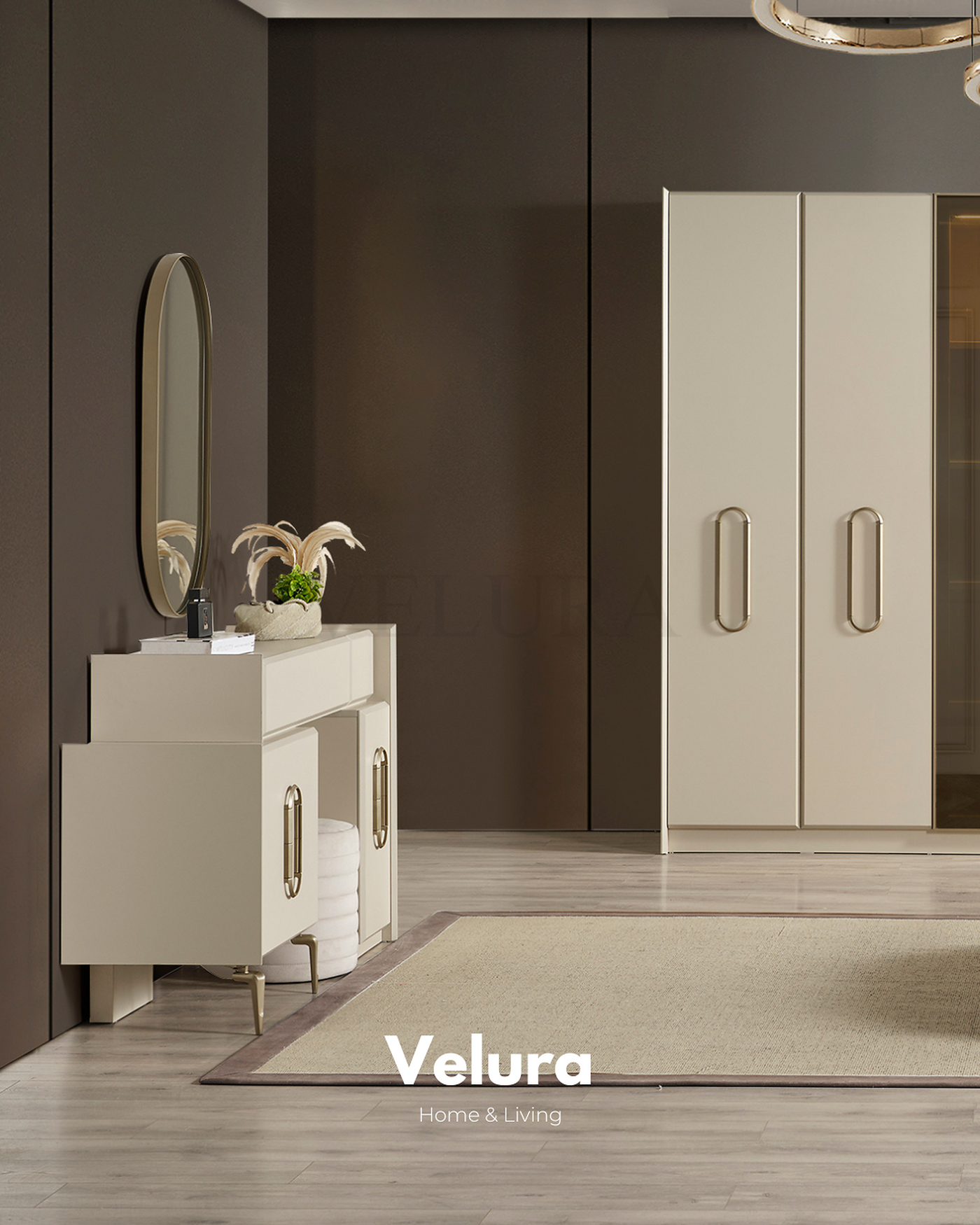 Monaco krem şifonyer 2 çekmece 2 kapak Velura Home yatak odası mobilyası