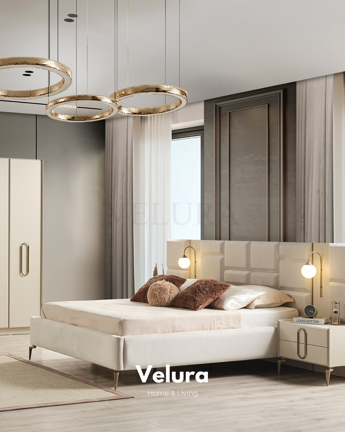 Modern krem Monaco karyola aydınlatmalı yatak başlığı ile şık görünüm