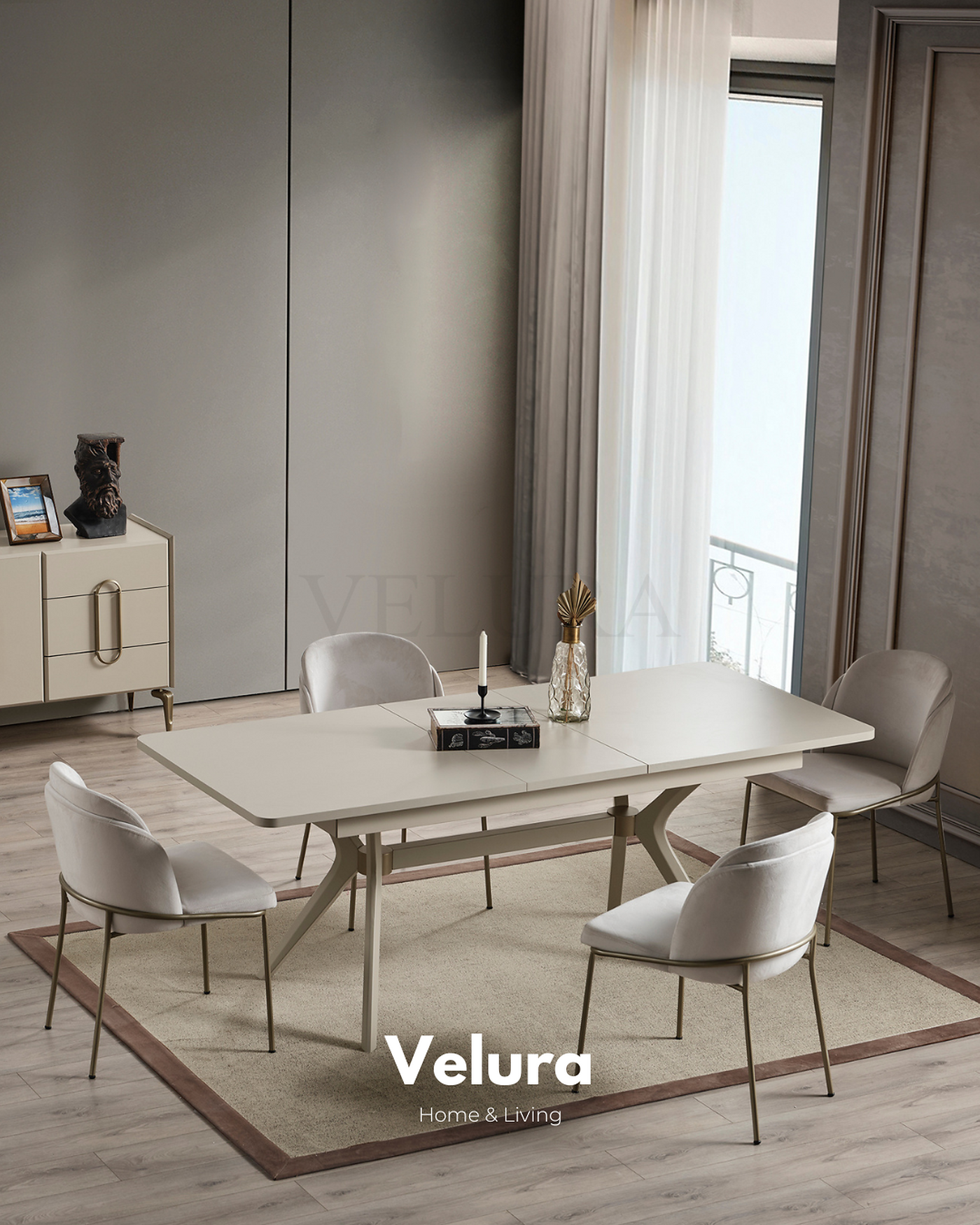 Monaco krem yemek masası açılır genişleyebilir modern tasarım 204 cm açık genişlik