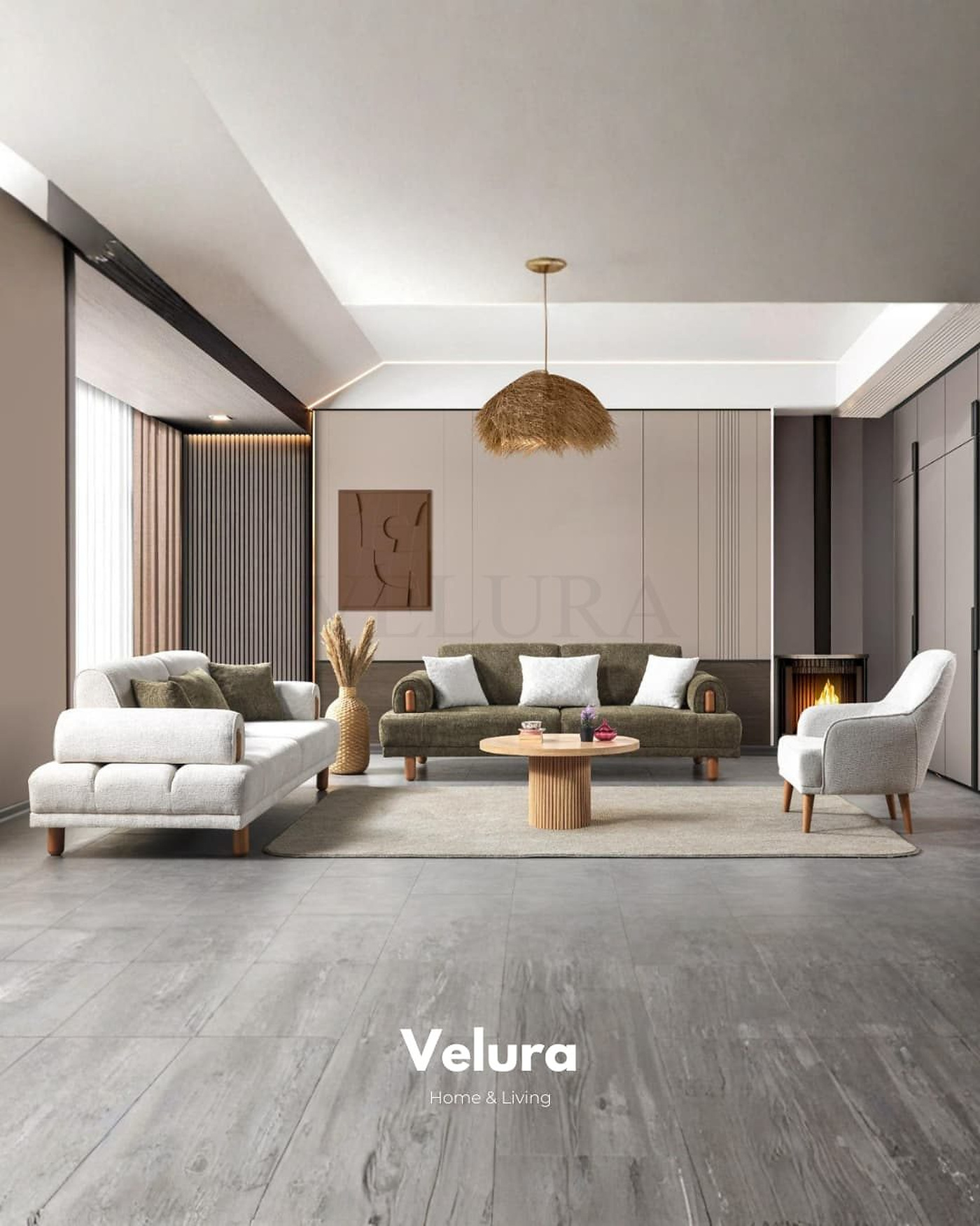 Sade yeşil berjer, ahşap–metal kombinli salon