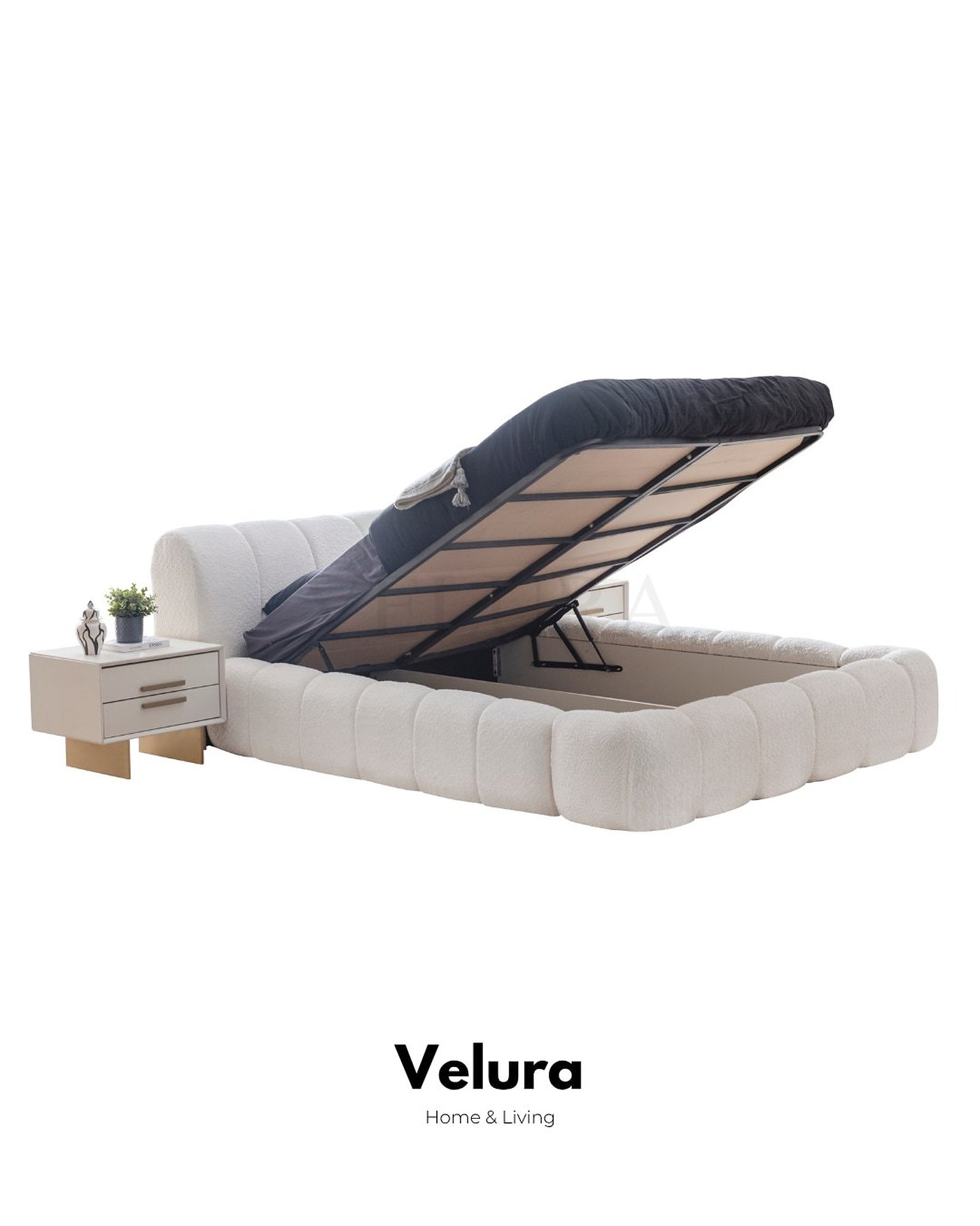 Valore Yatak Odası Takımı – Kırık beyaz × gold, bazalı karyola ve cam kapaklı gardırop