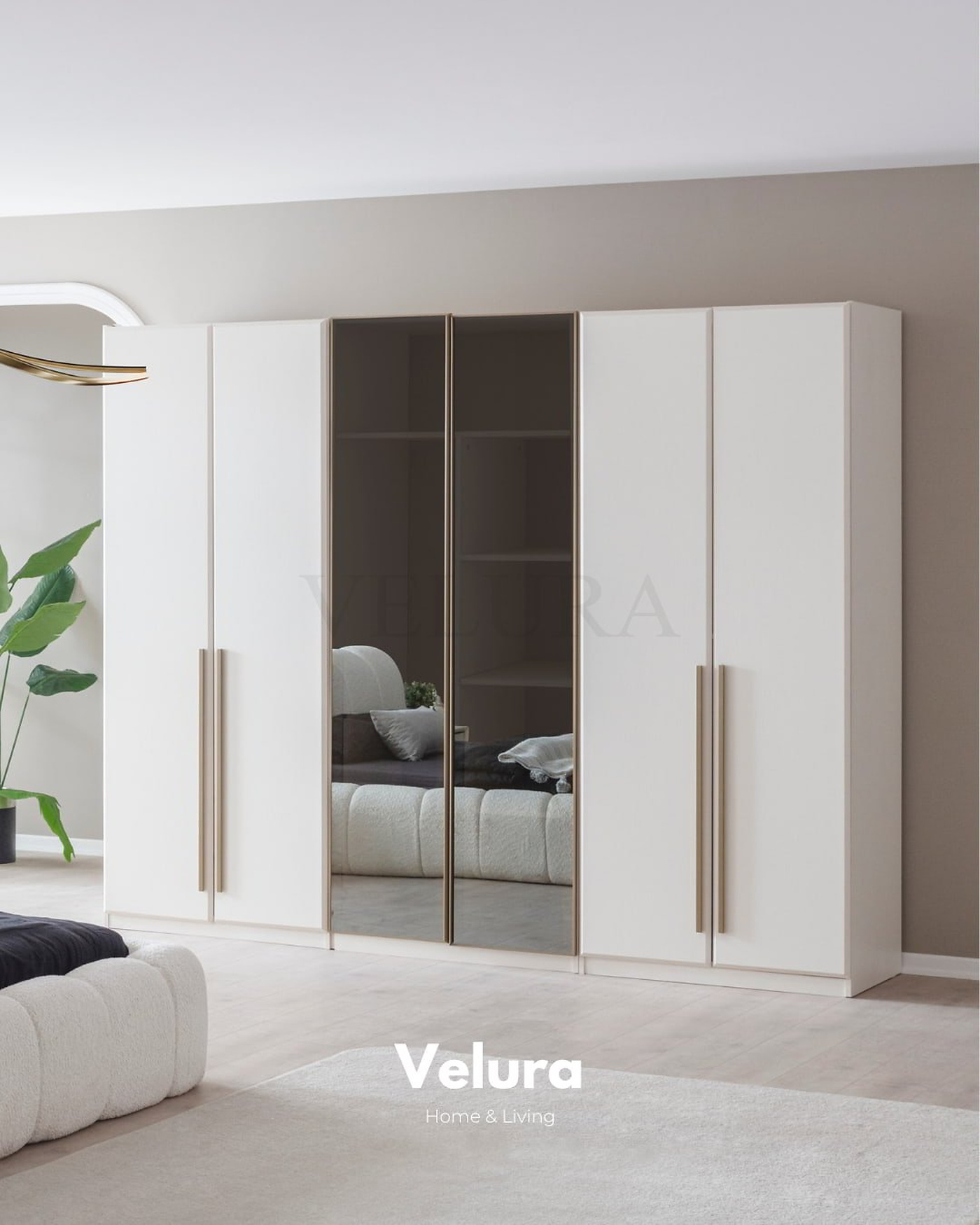 Valore 6 Kapılı Dolap – Kırık beyaz, 2 cam kapaklı