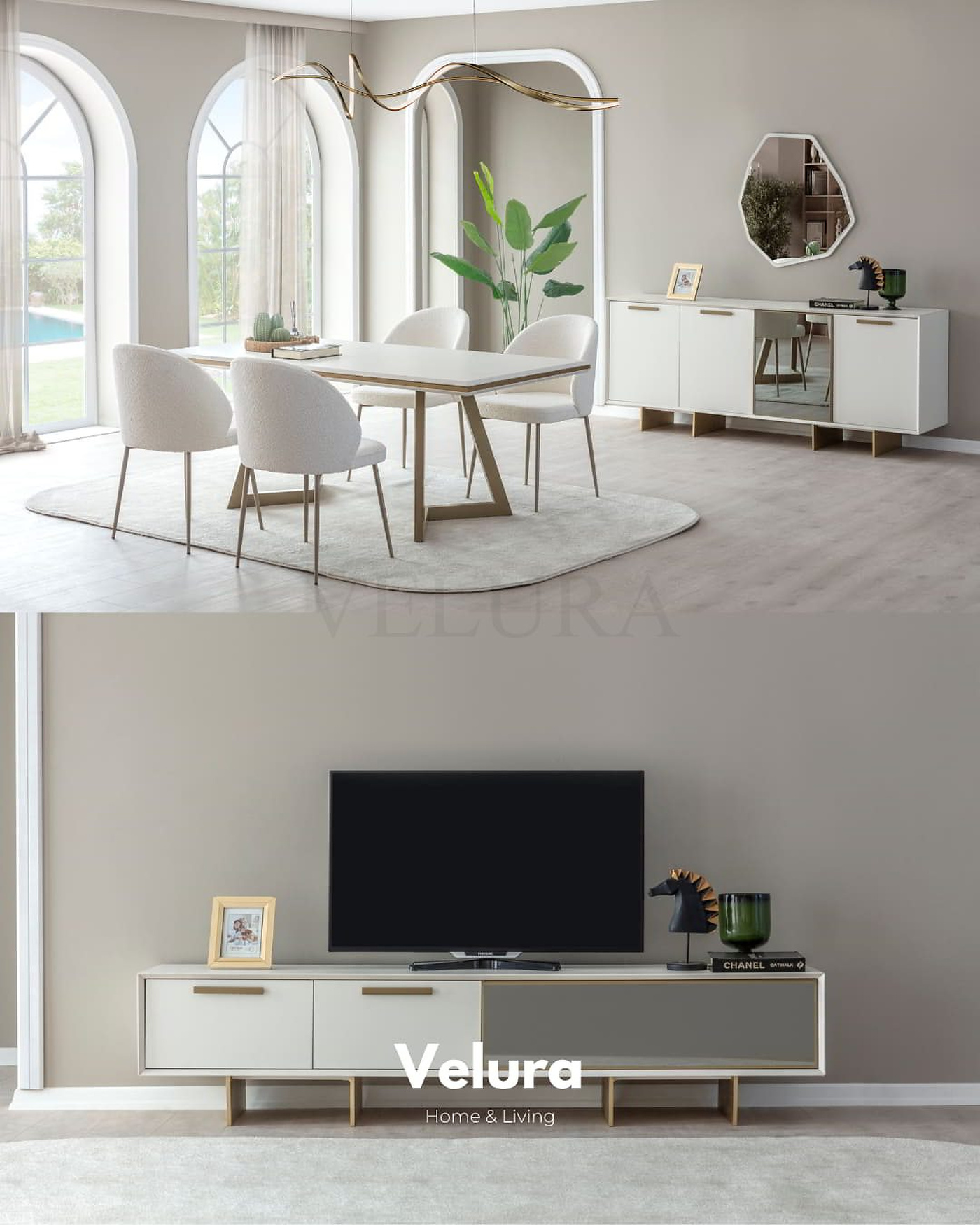 Valore Yemek Masası – Beyaz tabla ve gold ayak detaylı sabit masa