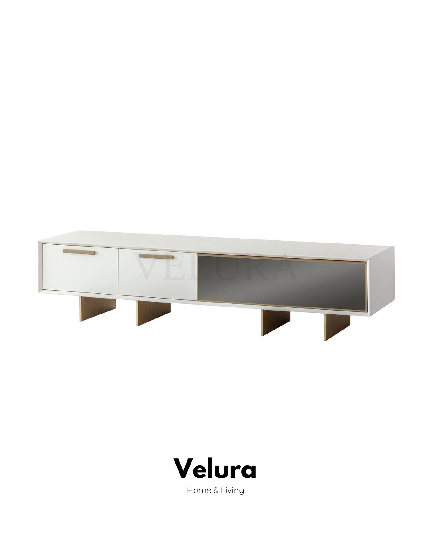 Valore TV Ünitesi – Beyaz yüzeyli, gold detaylı, cam kapaklı modern ünite