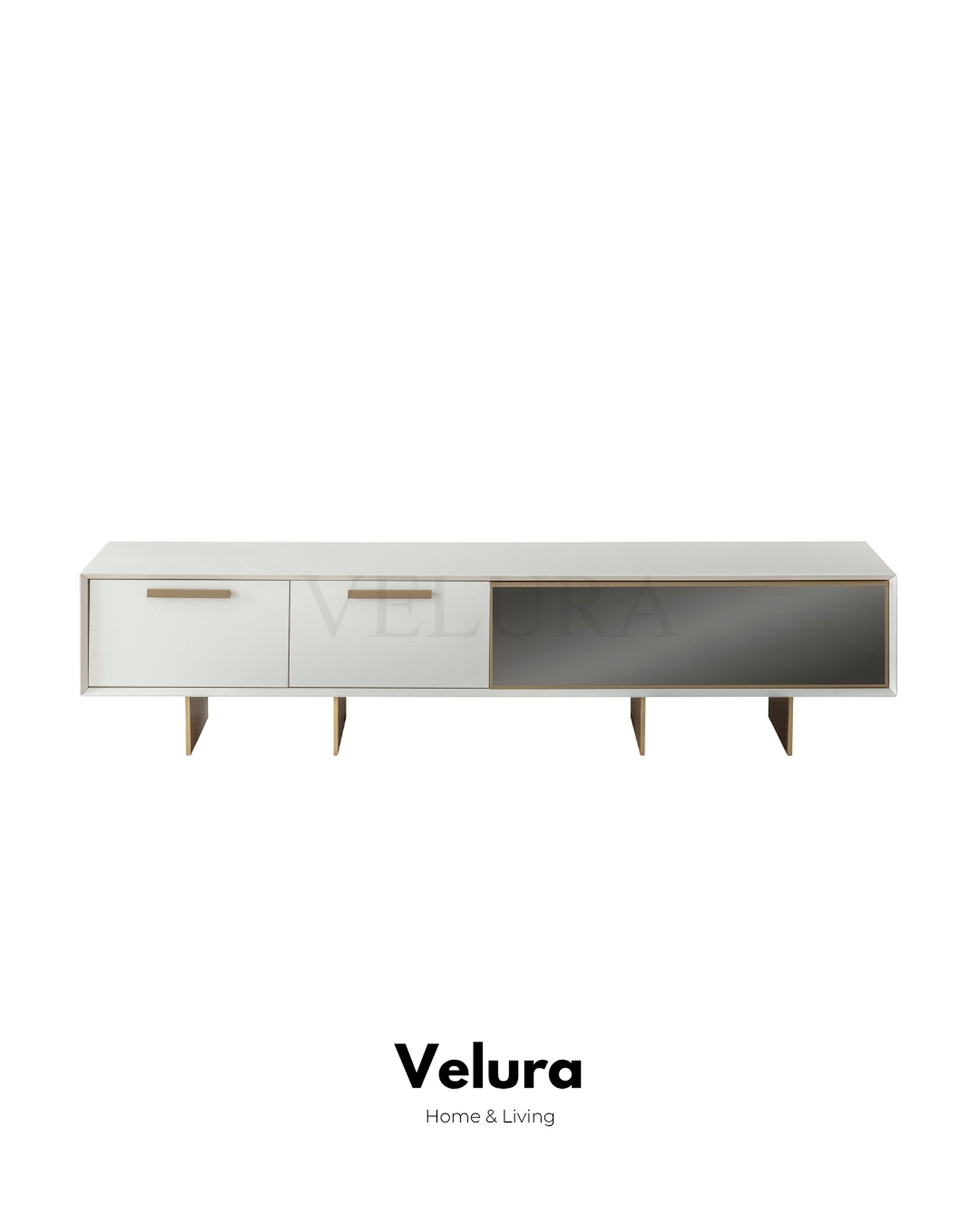 Valore TV Ünitesi – Beyaz yüzeyli, gold detaylı, cam kapaklı modern ünite
