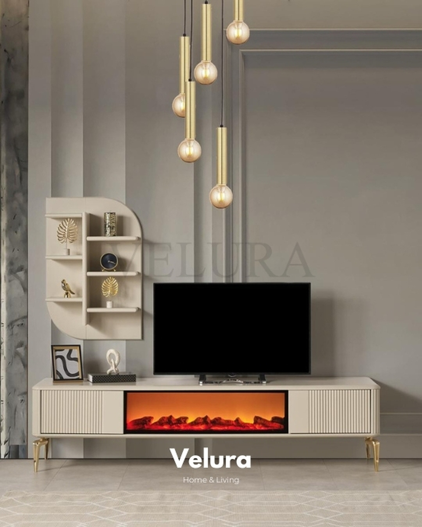 Yerden Yüksek Lüks TV Ünitesi Venti Gold TV Ünitesi - Şömineli ve Gold Detaylı