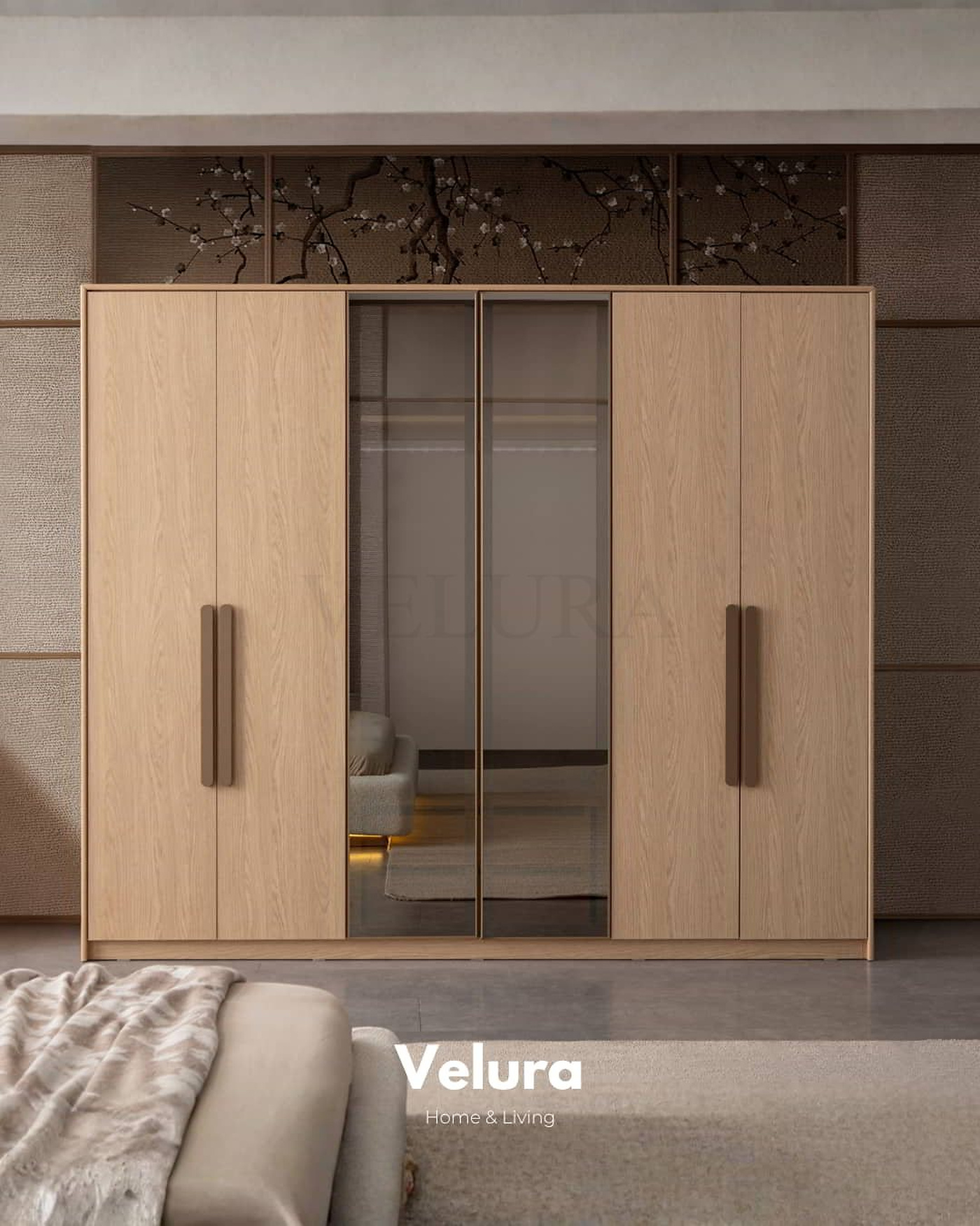 Victor Yatak Odası Takımı – Natural, cam kapaklı gardırop, bazalı karyola