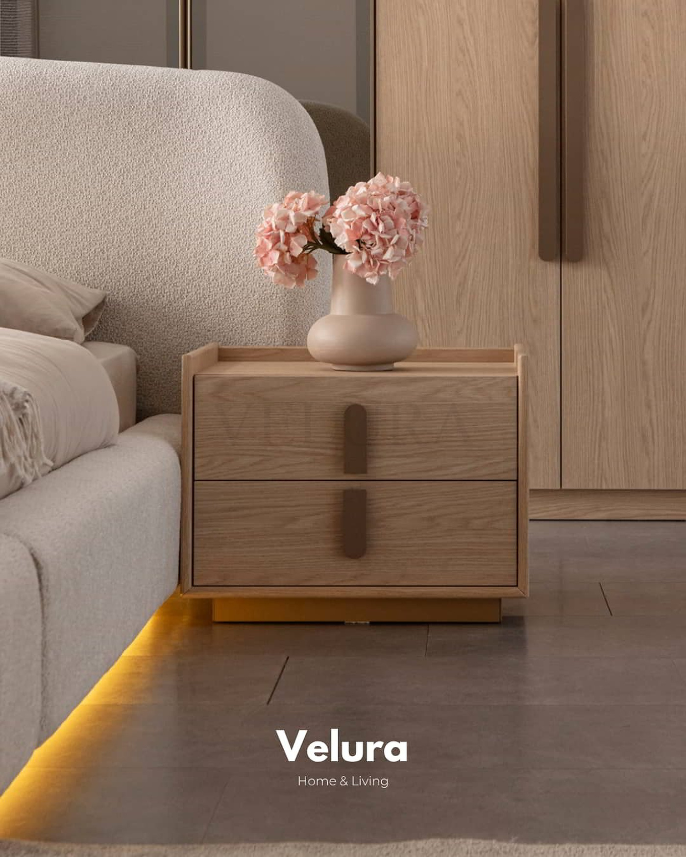 Victor Komodin – Natural renk, 2 çekmeceli, modern başucu