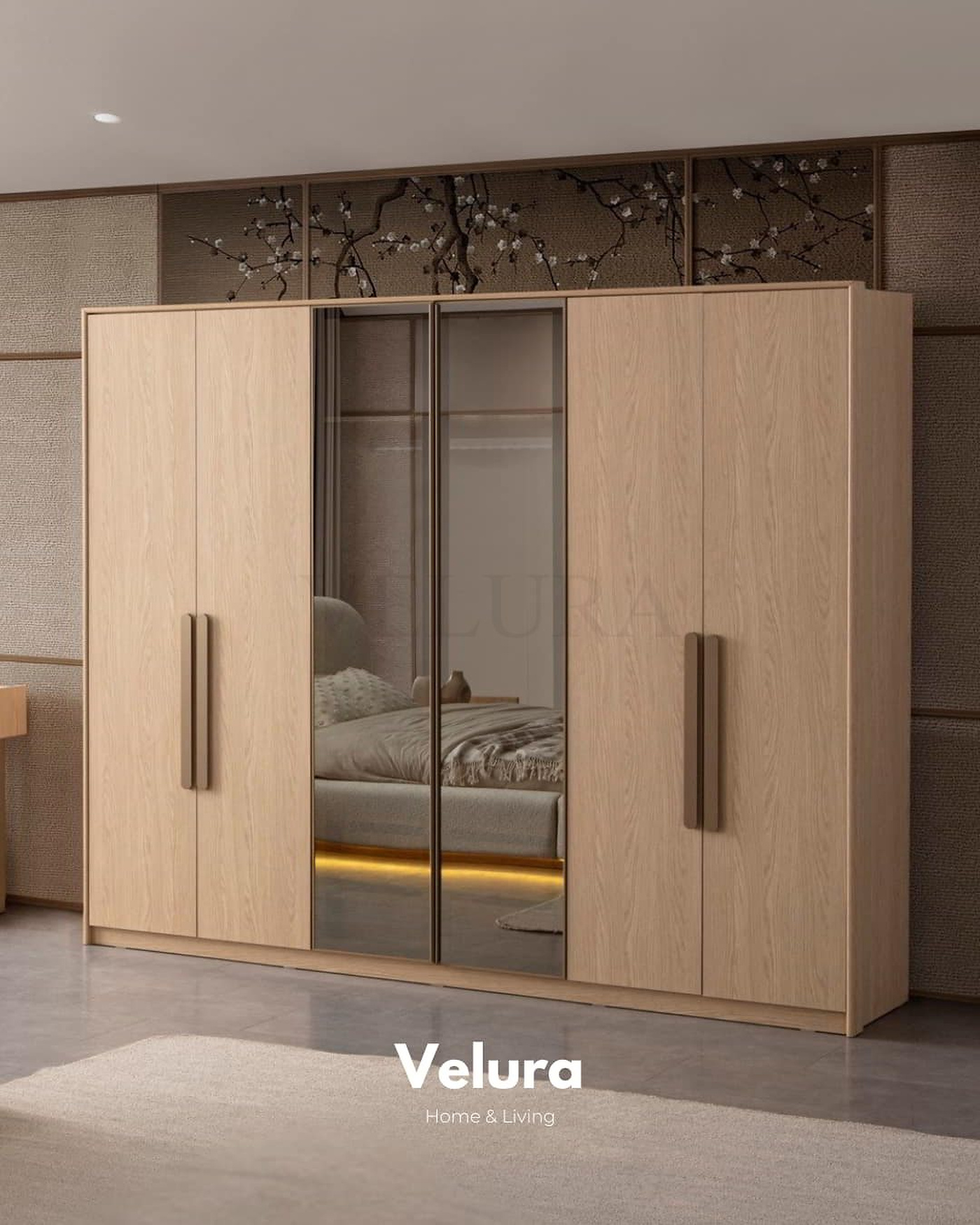 Victor 6 Kapılı Dolap – Natural renk, orta cam kapaklı