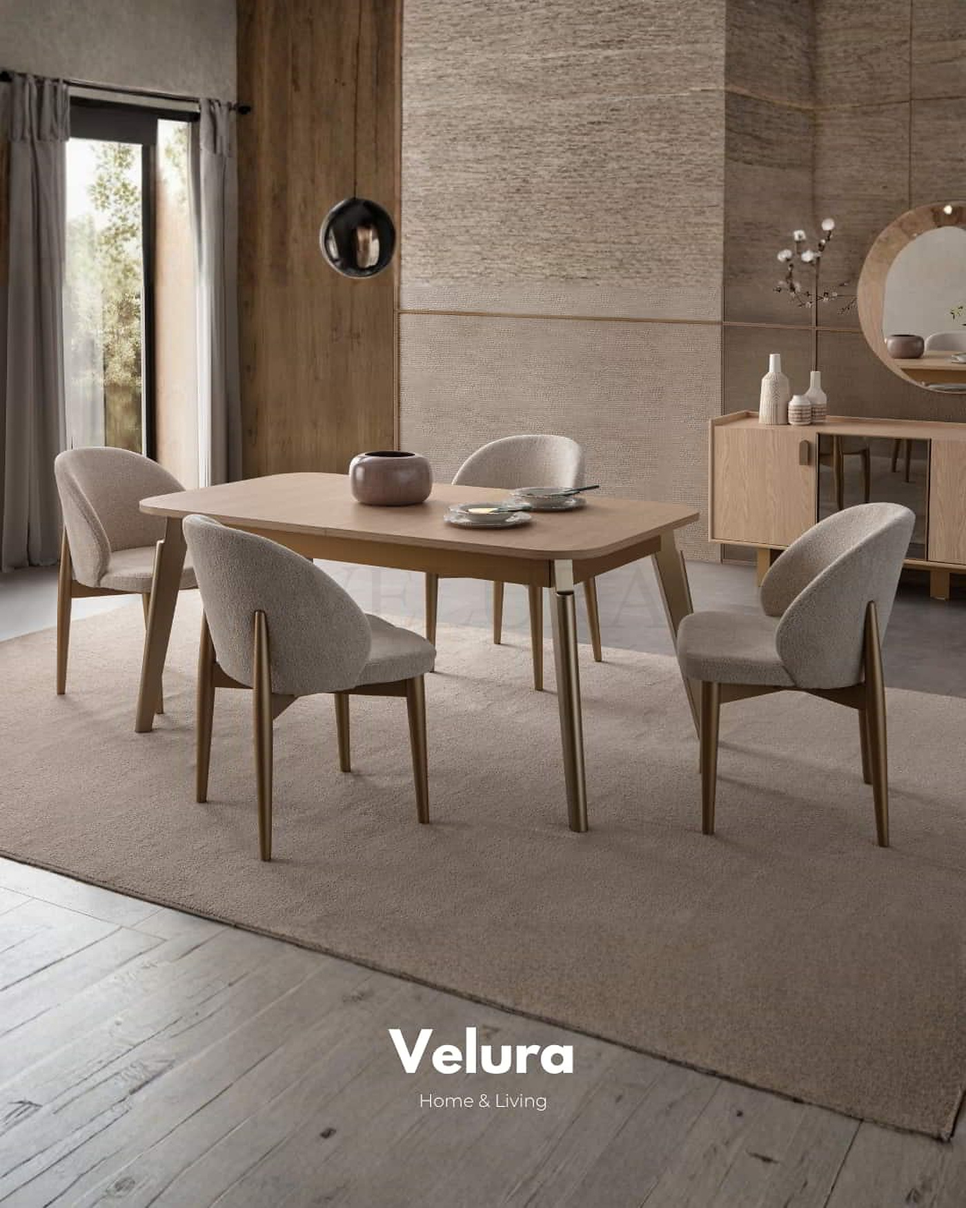 Victor Yemek Masası – Açık ceviz gövde, gold ayaklı, açılabilir dikdörtgen masa