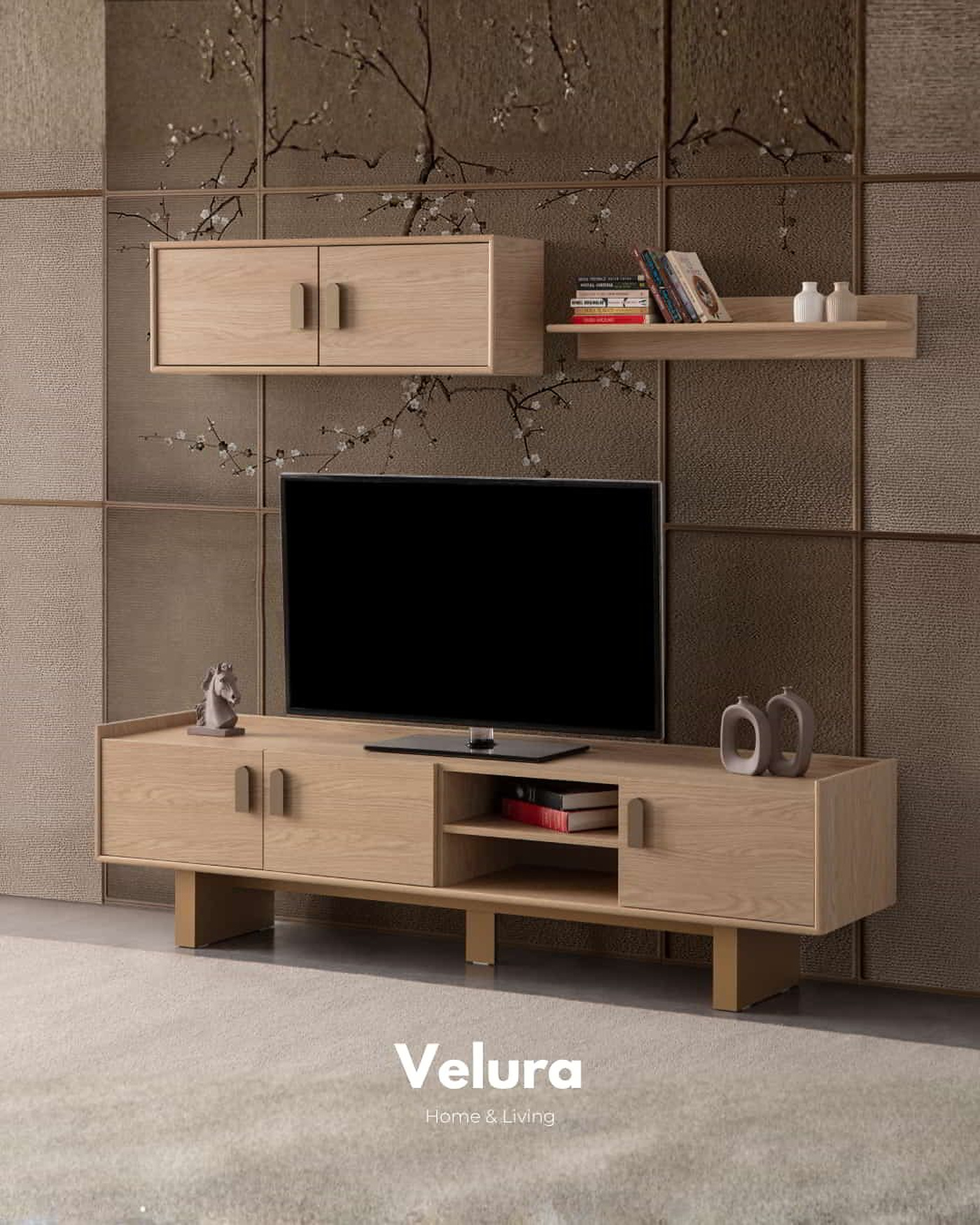 Açık ceviz renkli, 3 ayaklı, yerden yüksek Victor TV Ünitesi ön görünüm