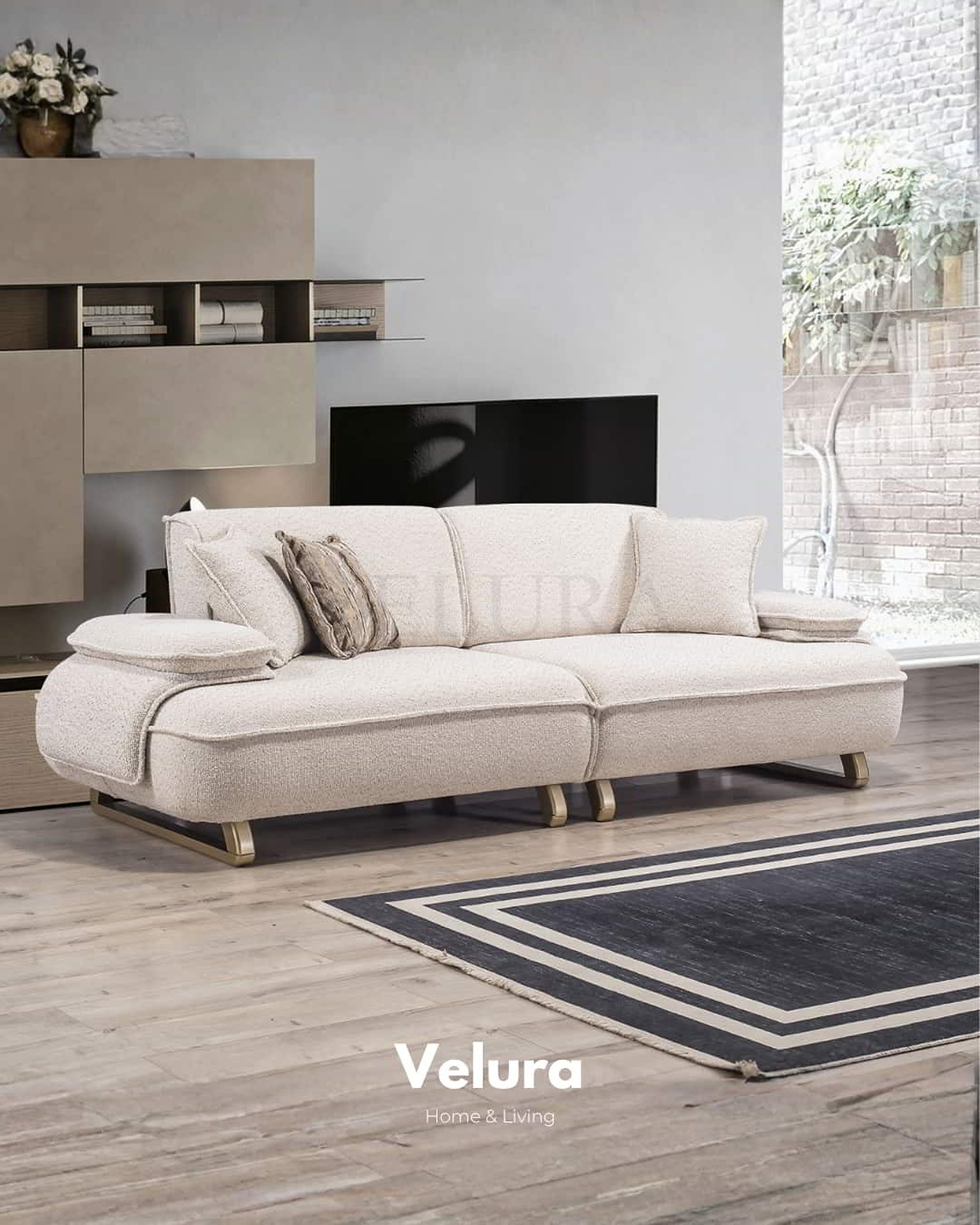 Krem renk Vista koltuk takımı, mat gold detaylı kanepe ve berjer