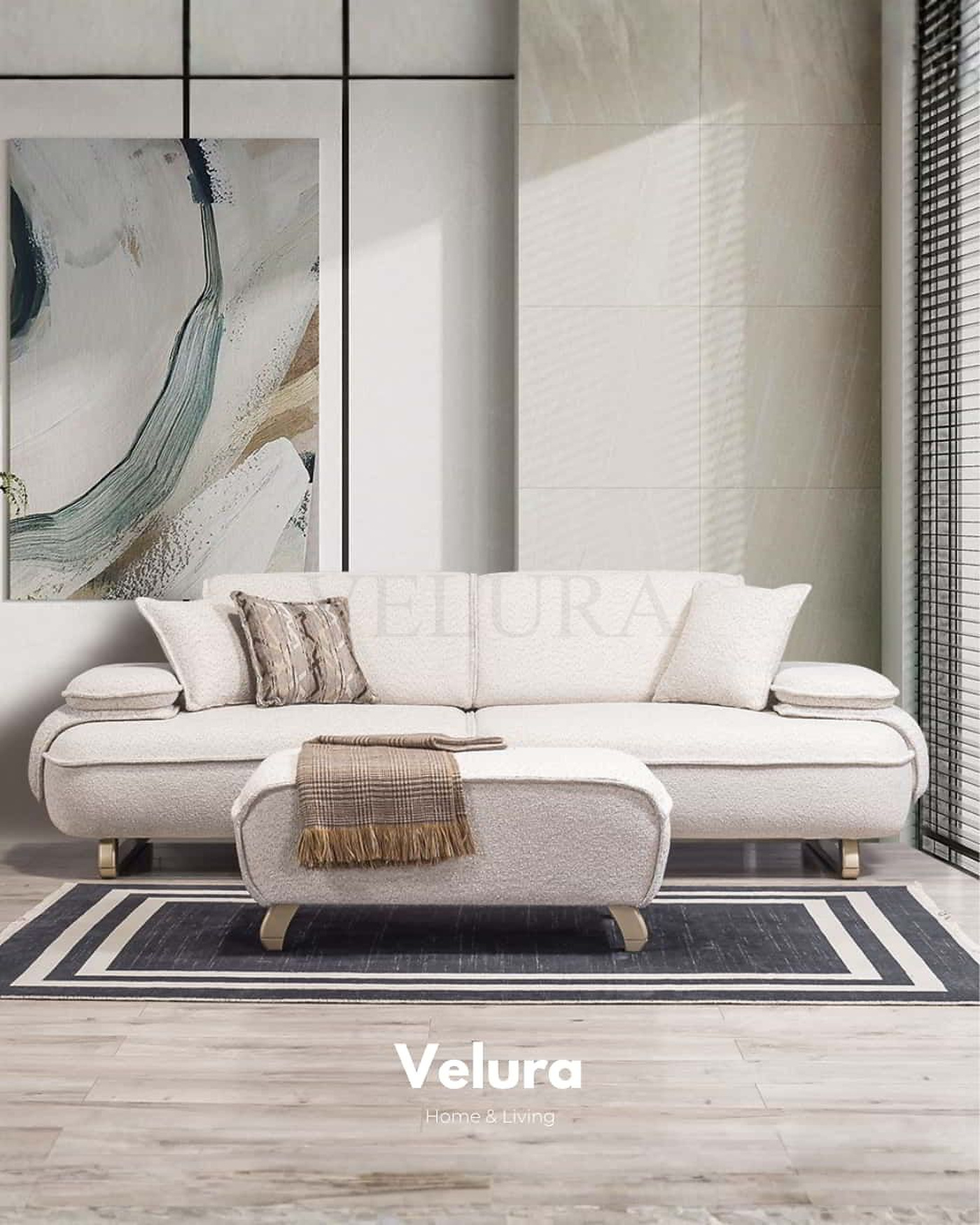 Krem renk Vista koltuk takımı, mat gold detaylı kanepe ve berjer
