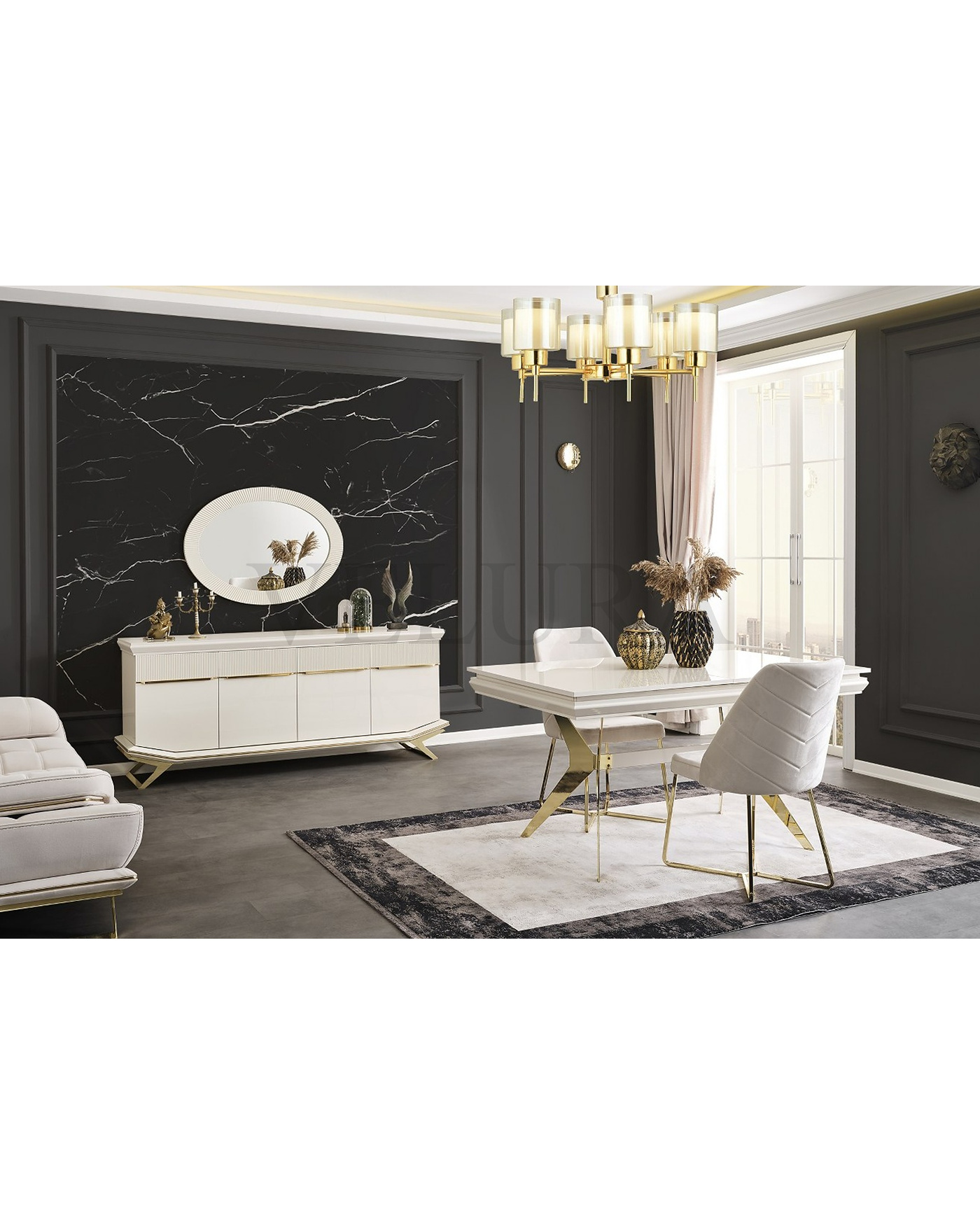 Gold Metal Ayaklı Yemek Masası Modeli Angel Yemek Masası Krem ve Gold