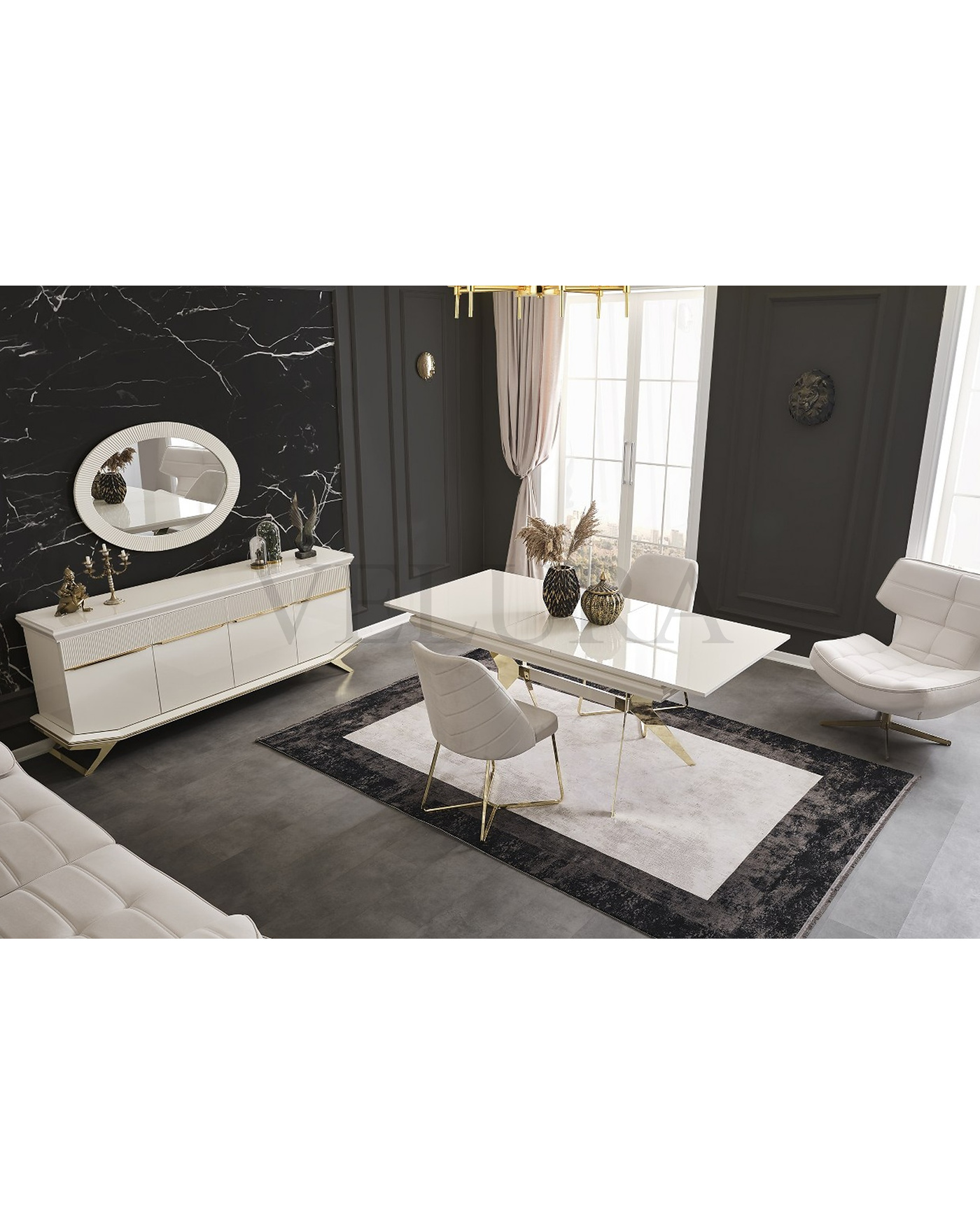 Gold Metal Ayaklı Yemek Masası Modeli Angel Yemek Masası Krem ve Gold