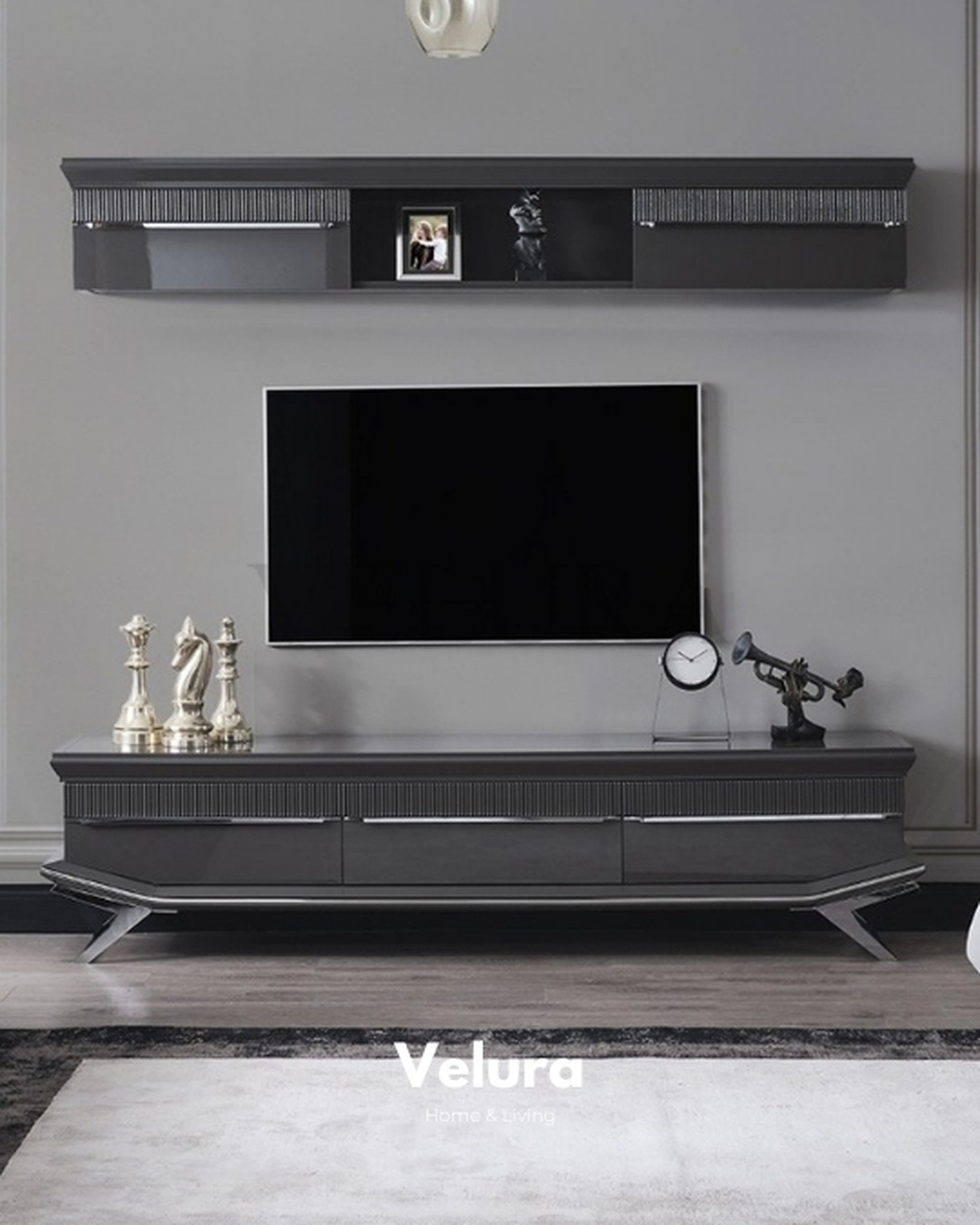 Asya Premium Antrasit Gümüş Detaylı TV Ünitesi Gümüş İşlemeli Lüks TV Ünitesi