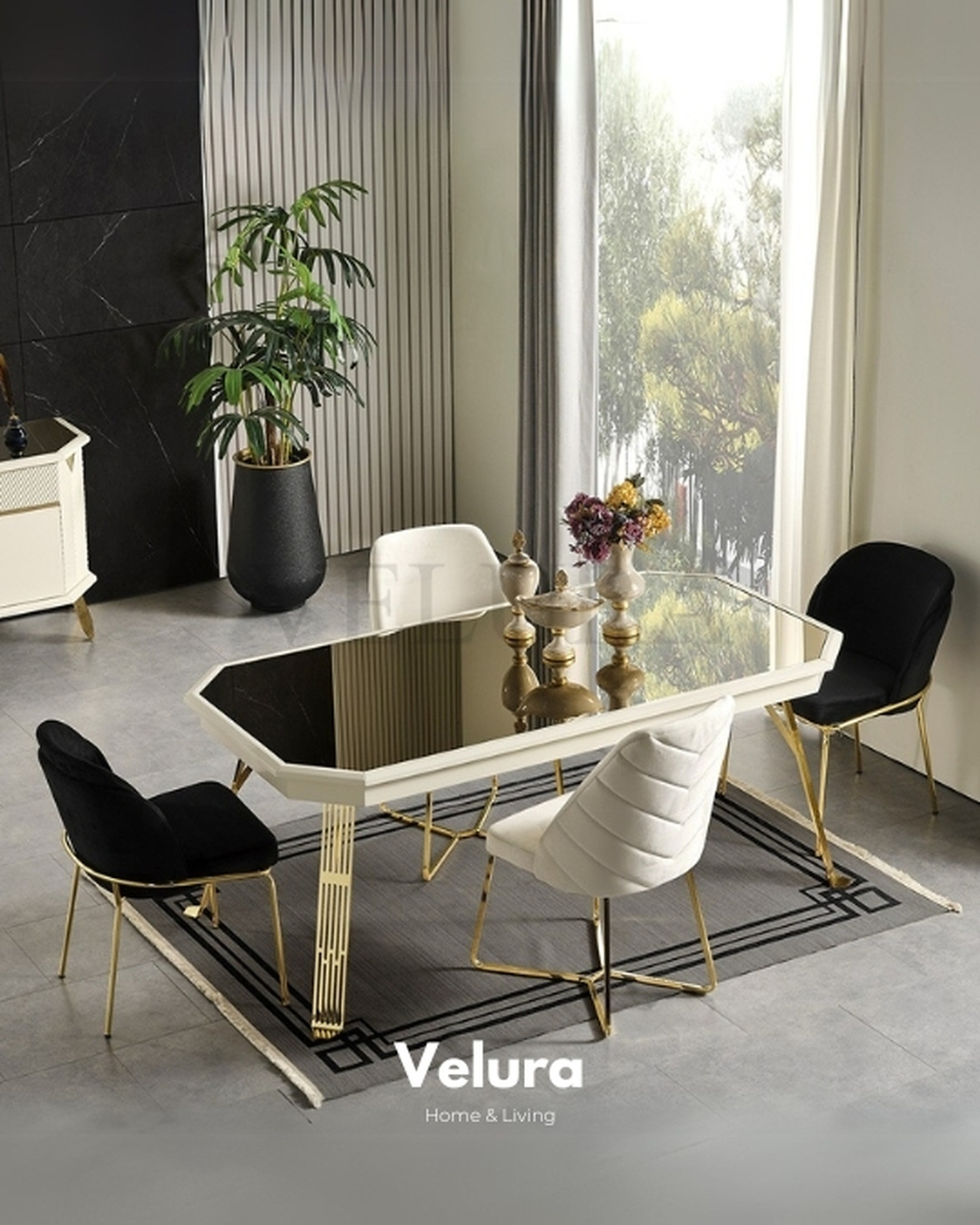 City Yemek Masası Gold Ayak Füme Cam Füme Cam Yüzeyli Modern Yemek Masası