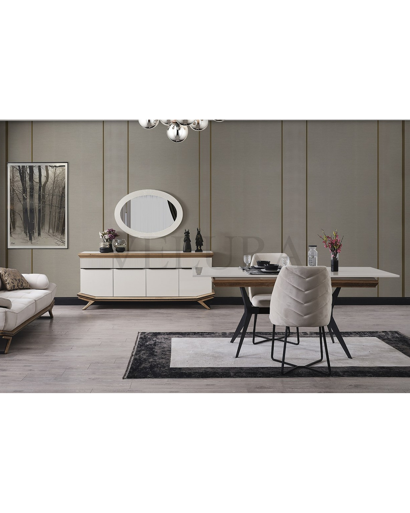 Elize Yemek Takımı - Modern Krem ve Ahşap Detaylı Elize yemek takımı krem ahşap detaylı